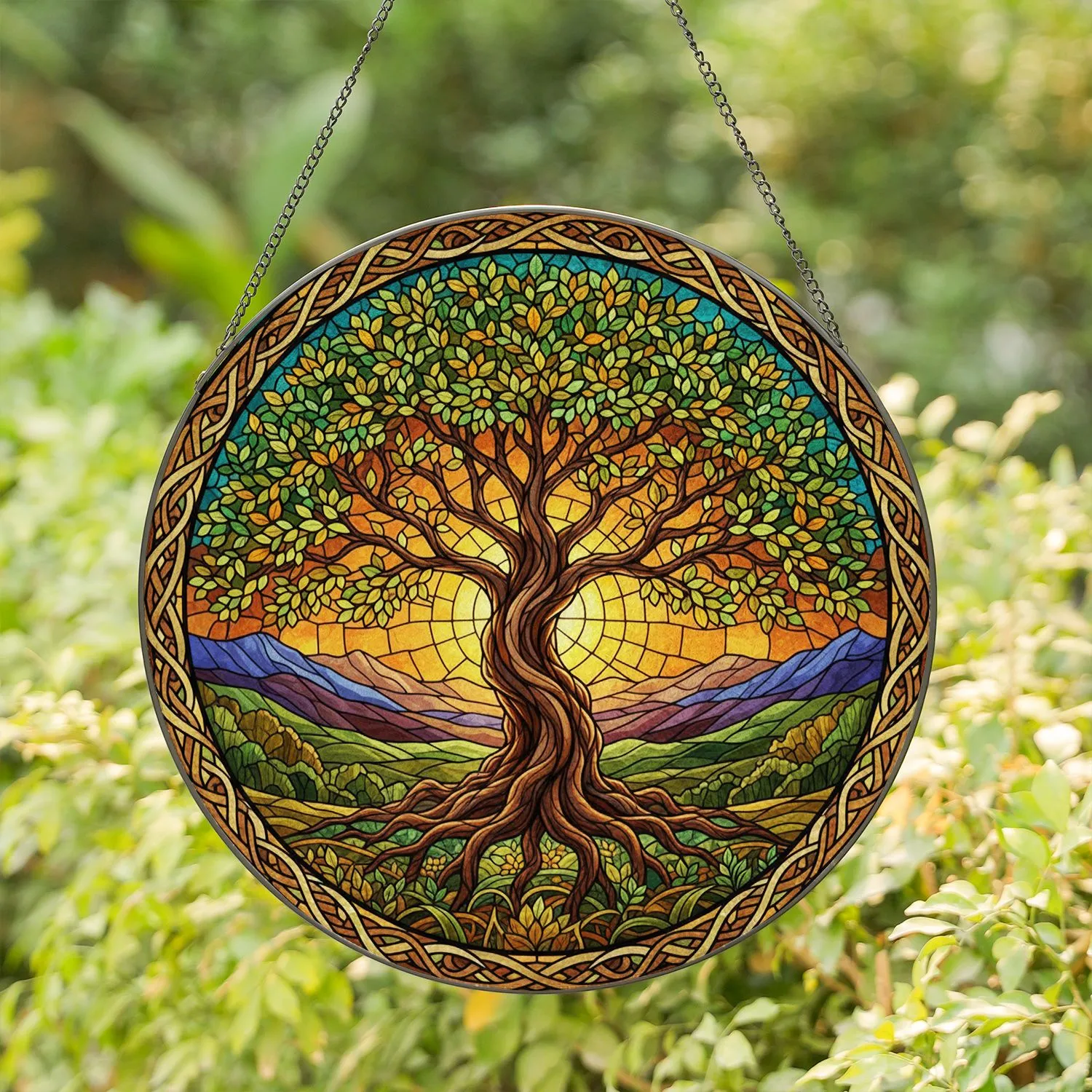 Tree of Life Celtic Knot Stained Glass Sunset Mountains - Glowing Jewel Tone Artwork Stained Glass Suncatcher - 1
