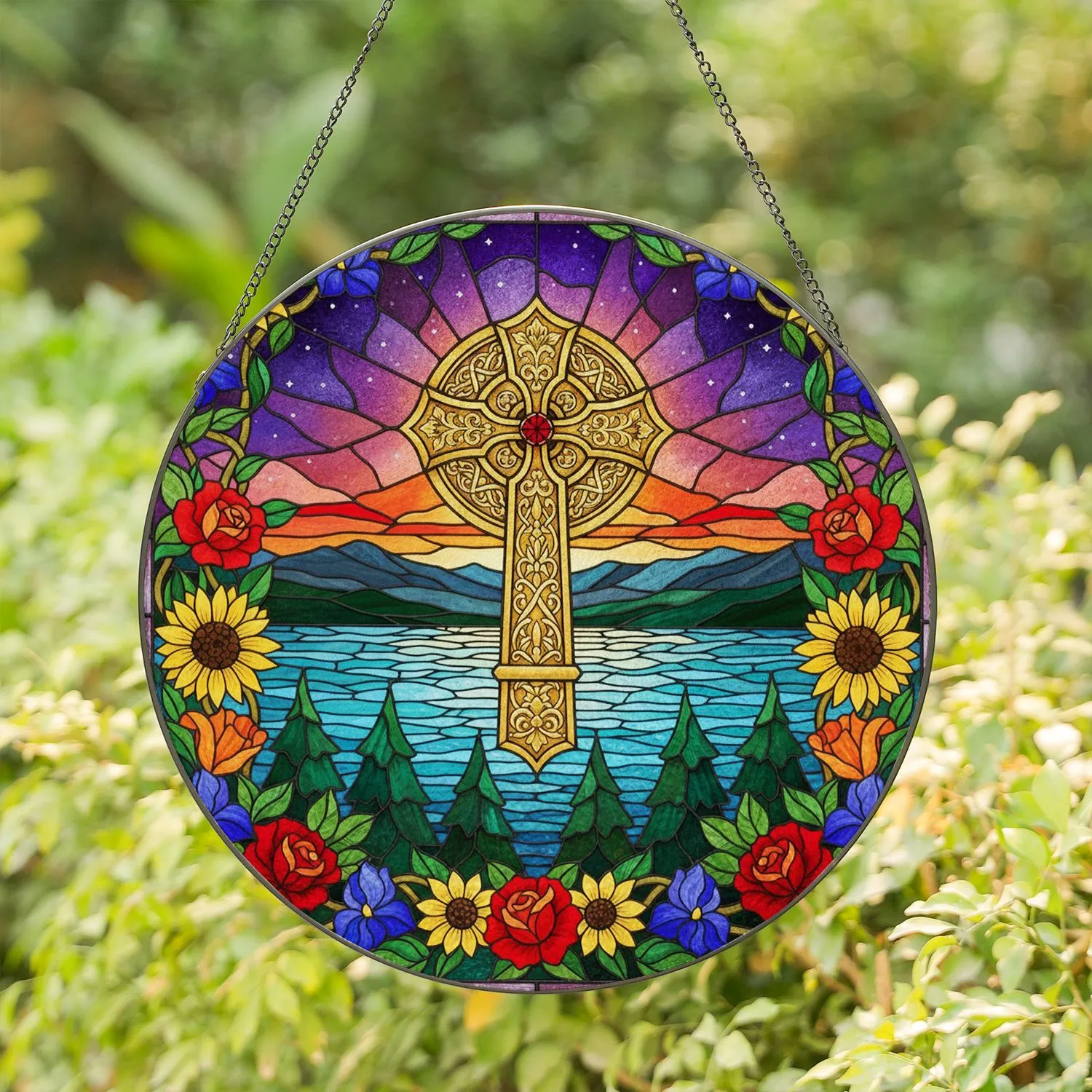 Golden Celtic Cross, Stained Glass Flowers, Pine Trees - Serene Water Landscape Night Sky Stained Glass Suncatcher - 1