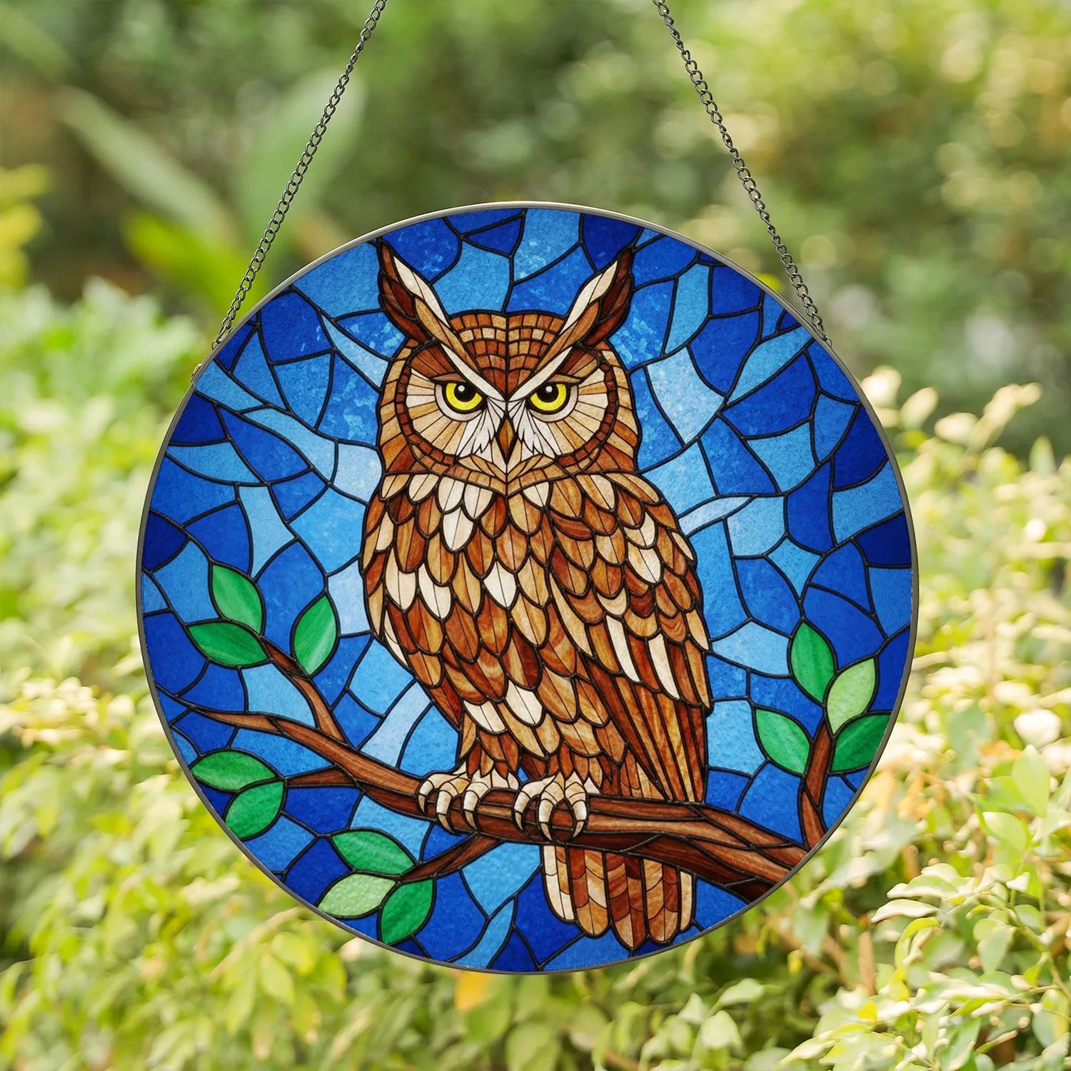Long-Eared Owl Stained Glass Art on Gnarled Branch - Intricate Geometric Mosaic Sky Stained Glass Suncatcher - 1
