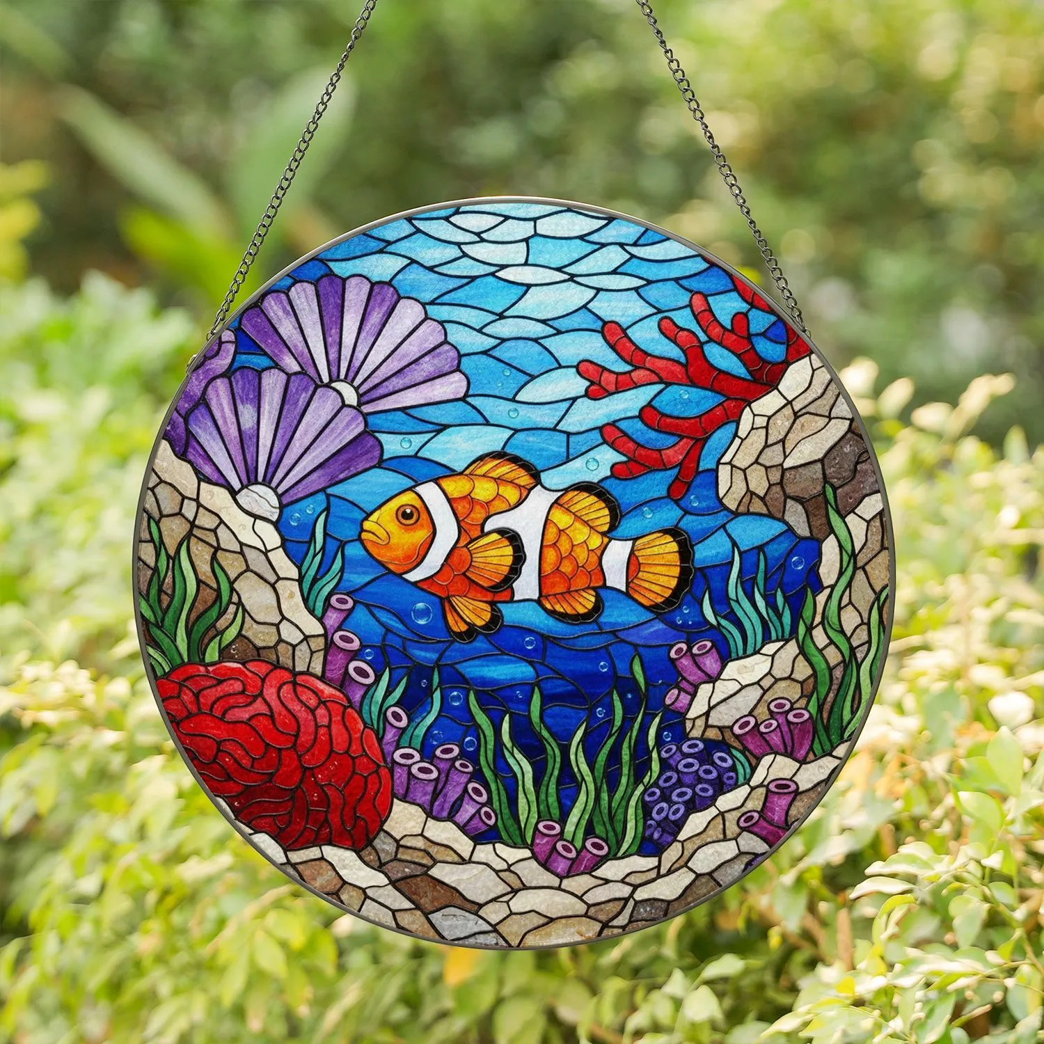 Clownfish Underwater Reef Tiffany Stained Glass Art - Translucent Marine Life Gift Stained Glass Suncatcher - 1