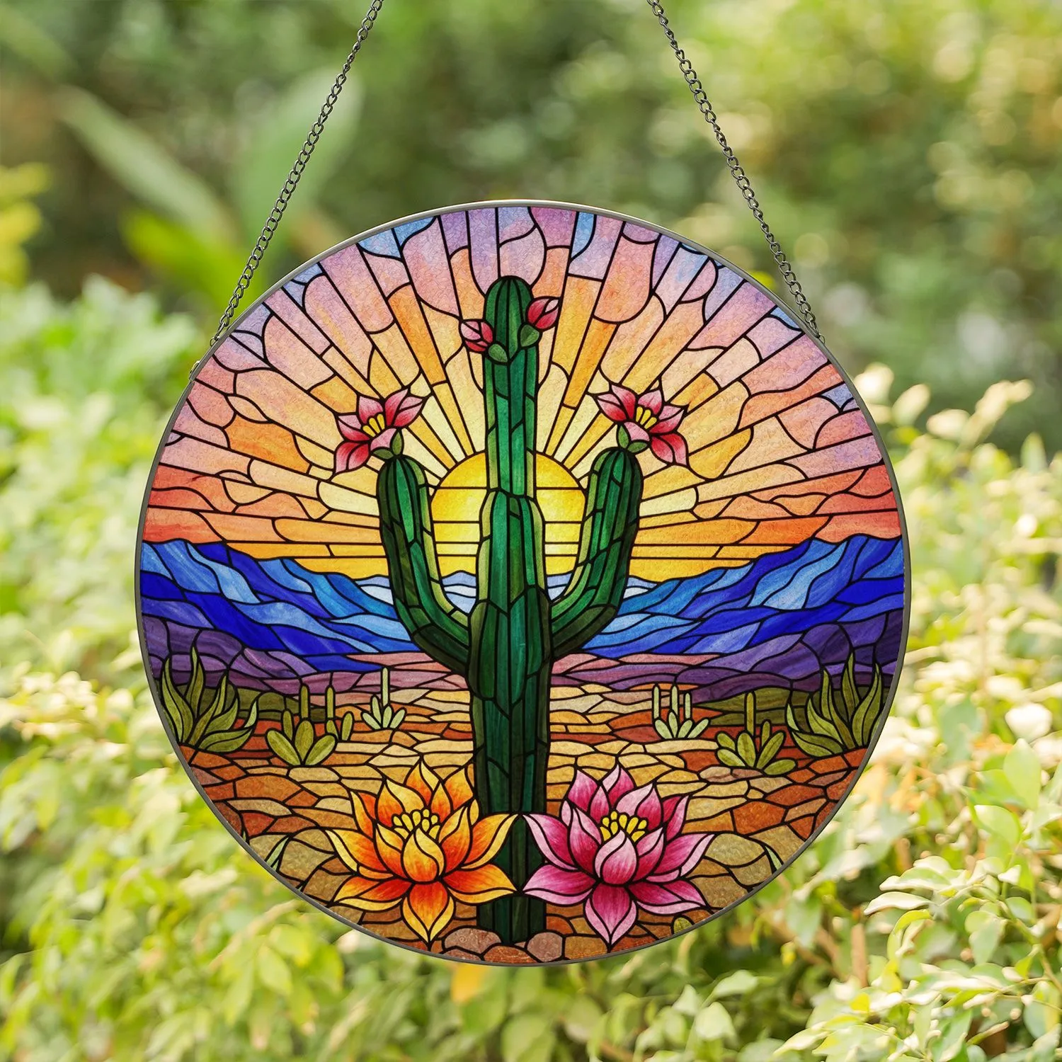 Saguaro Cactus Pink Bloom Desert Lotus Smaller Cacti Tiffany Glass Sunset Landscape Stained Glass Suncatcher - 1