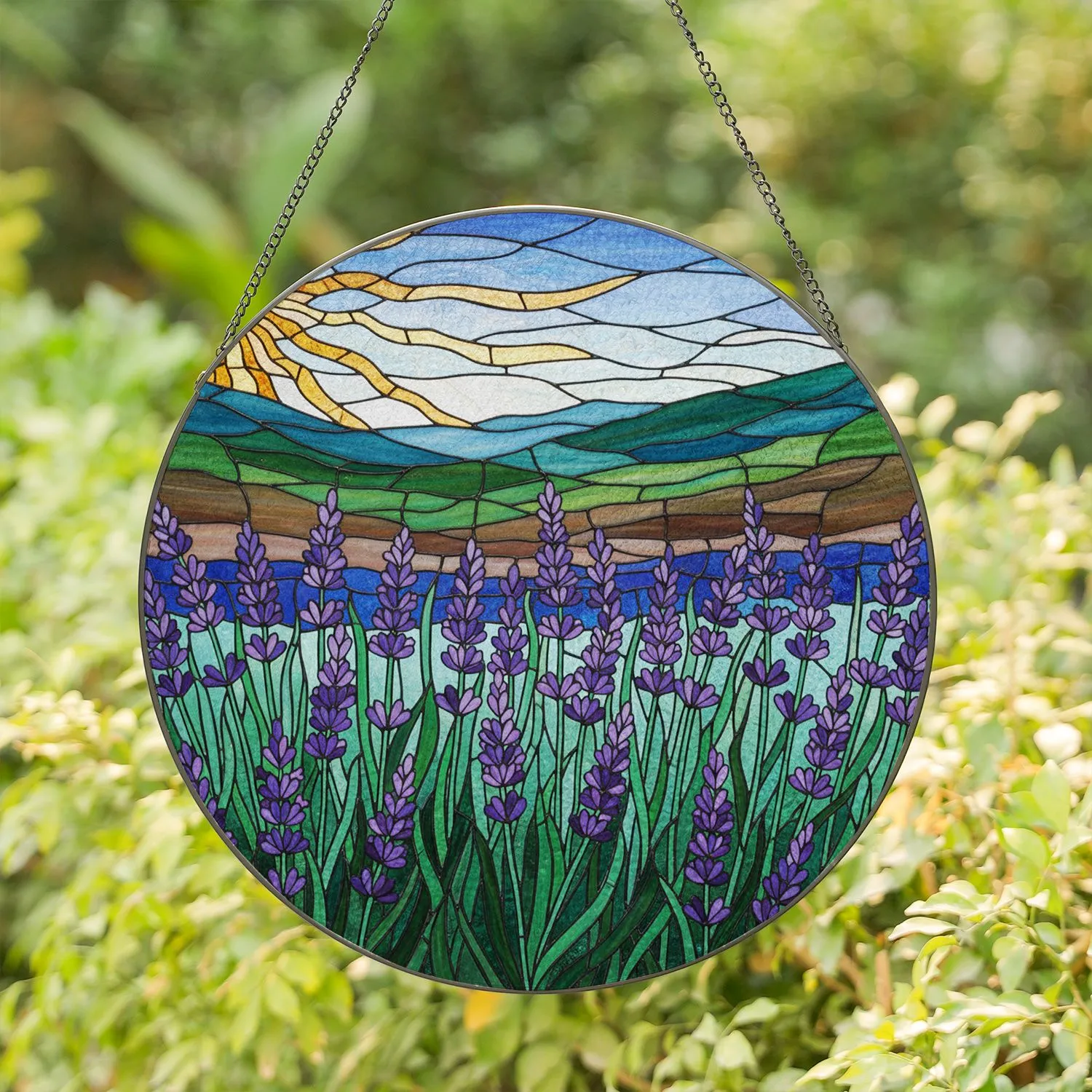 Lavender Flower Field Stained Glass Sun & Mosaic Hills Tiffany Style Window Display Stained Glass Suncatcher - 1