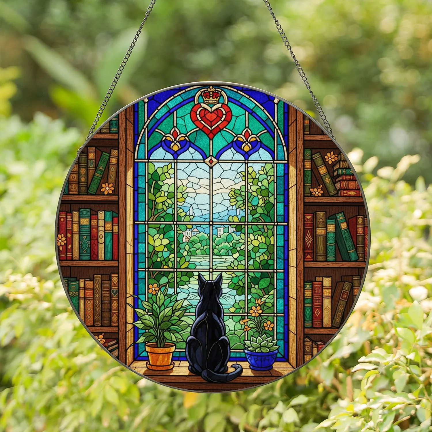 Black Cat Window Bookshelf Tiffany Glass Mosaic Jewel Tones - Intricate Interior Scene Stained Glass Suncatcher - 1