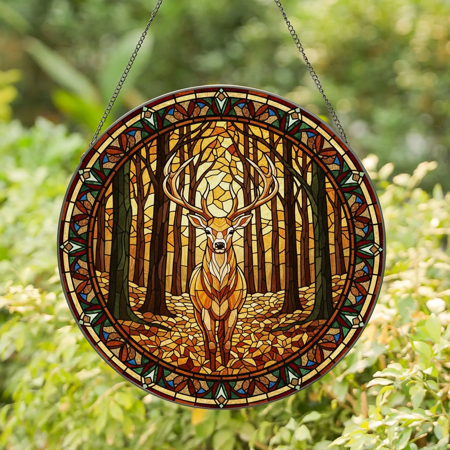 Stag Deer Antlers Autumn Forest Wildlife Stained Glass Tiffany Art Fall Leaves Stained Glass Suncatcher - 1