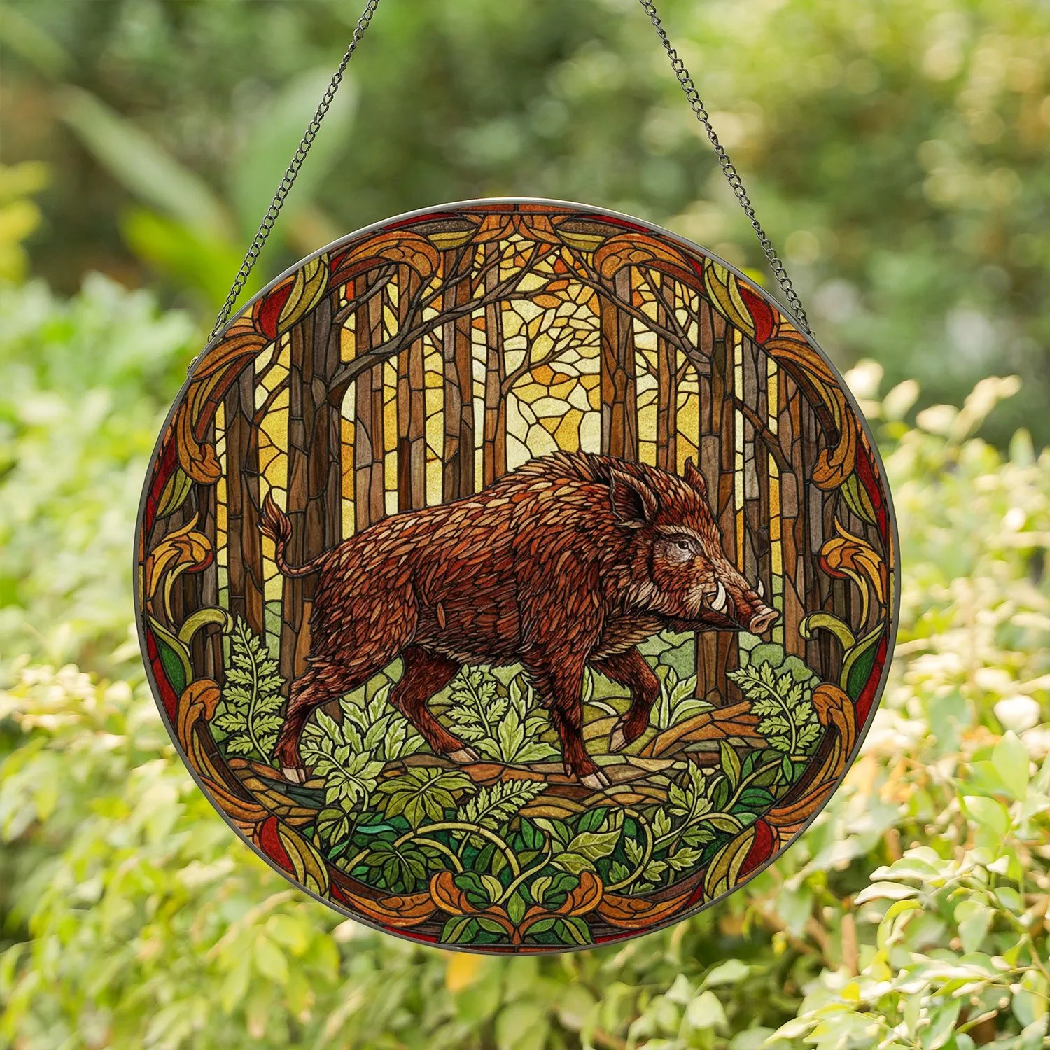 Shaggy Wild Boar Forest Art - Dappled Sunlight Tiffany Stained Glass Undergrowth Stained Glass Suncatcher - 1