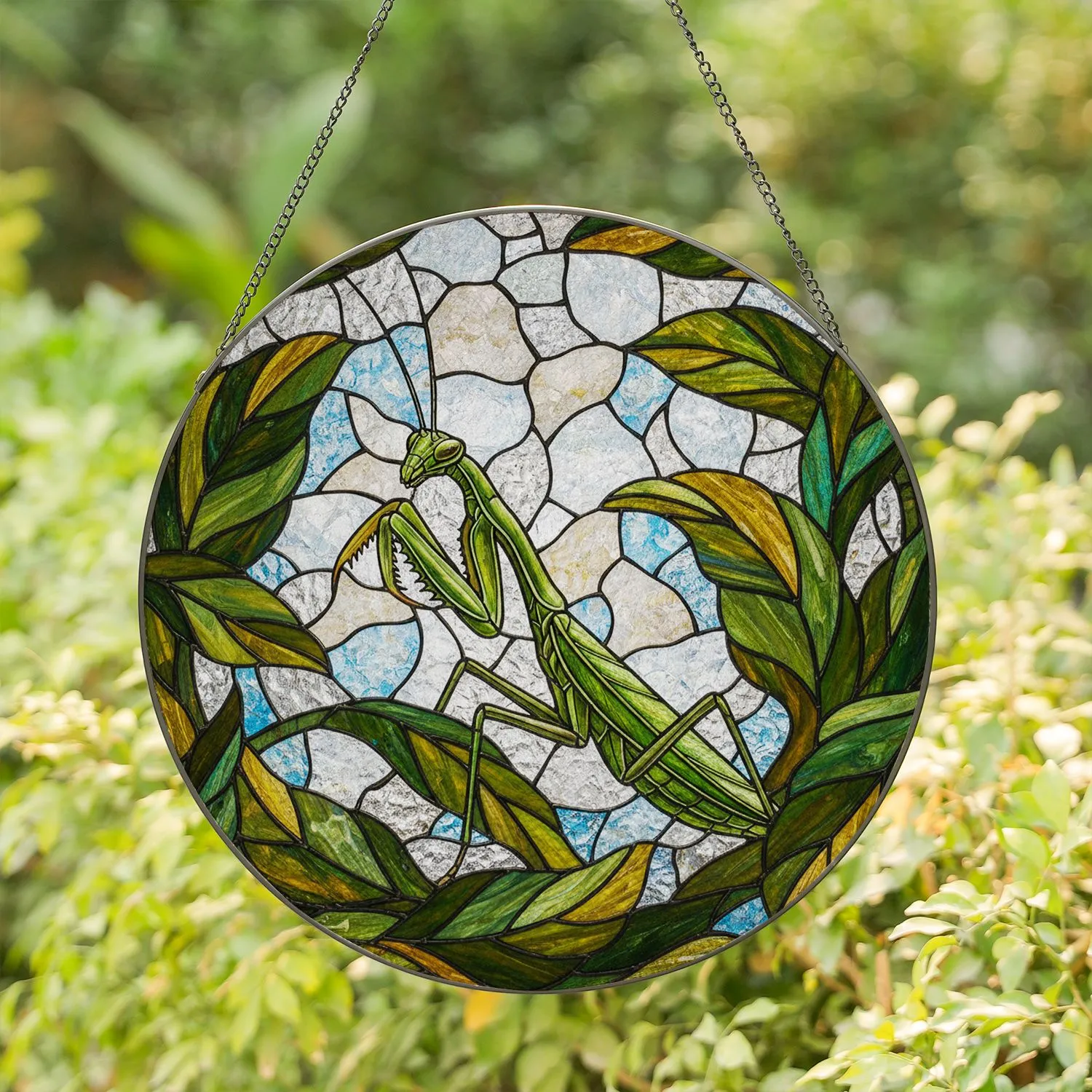 Green Praying Mantis Stained Glass - Glowing Tiffany Style Leaf & Frosted Mosaic Art Stained Glass Suncatcher - 1