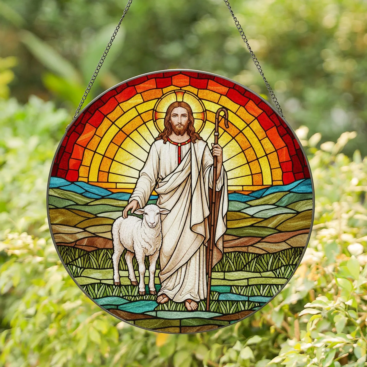 Jesus Christ Lamb Stained Glass - Tiffany Style Jewel Tone Landscape Religious Decor Stained Glass Suncatcher - 1
