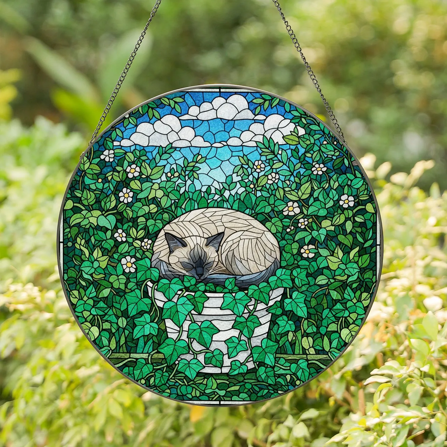 Siamese Cat Sleeping Curled Ivy Vines - Tiffany Glass Blue Sky Lush Green Garden Decor Stained Glass Suncatcher - 1