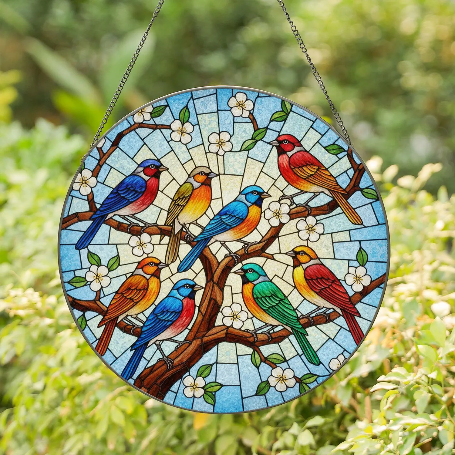 Tiffany Stained Glass Songbirds Mosaic Branches Blossoms - Luminous Window Decor Stained Glass Suncatcher - 1