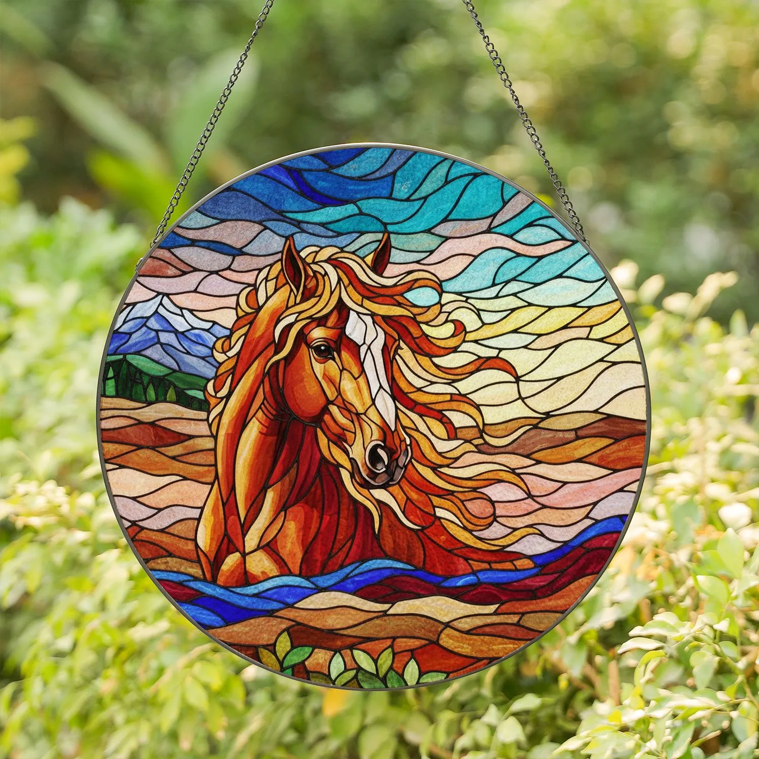 Majestic Horse Head Stained Glass Mosaic Art - Tiffany Style Jewel Tone Nature Landscape Stained Glass Suncatcher - 1