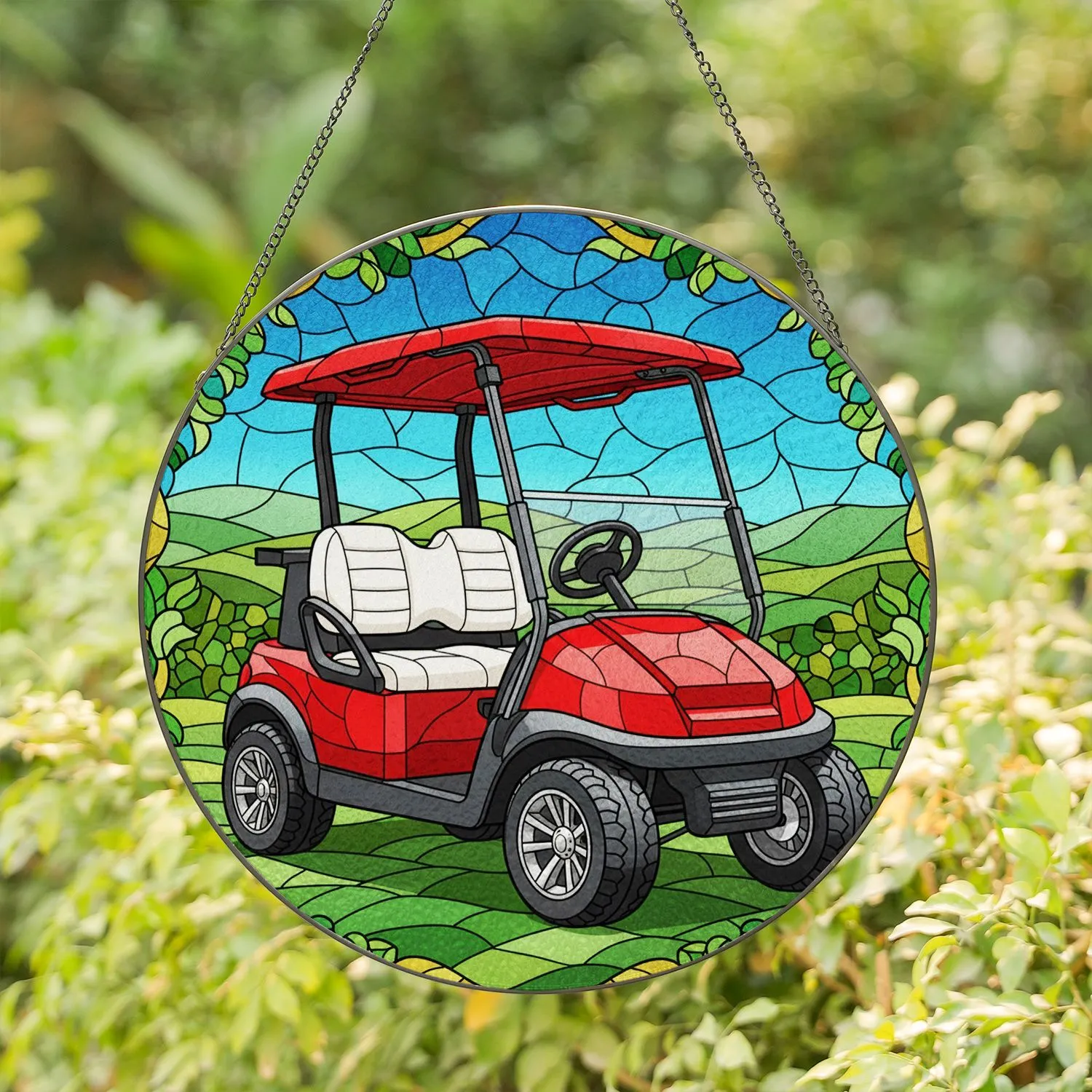 Detailed Modern Red Golf Cart Stained Glass Art - Tiffany Style Mosaic Hills Blue Sky Stained Glass Suncatcher - 1