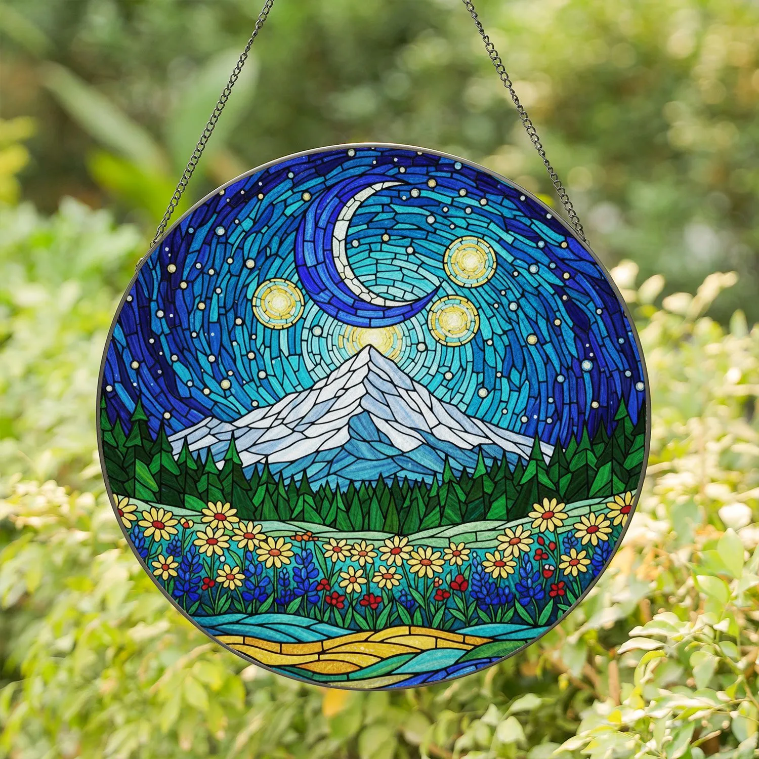 Snow-capped Mountain Wildflower Field - Crescent Moon Stars Van Gogh Style Stained Glass Stained Glass Suncatcher - 1