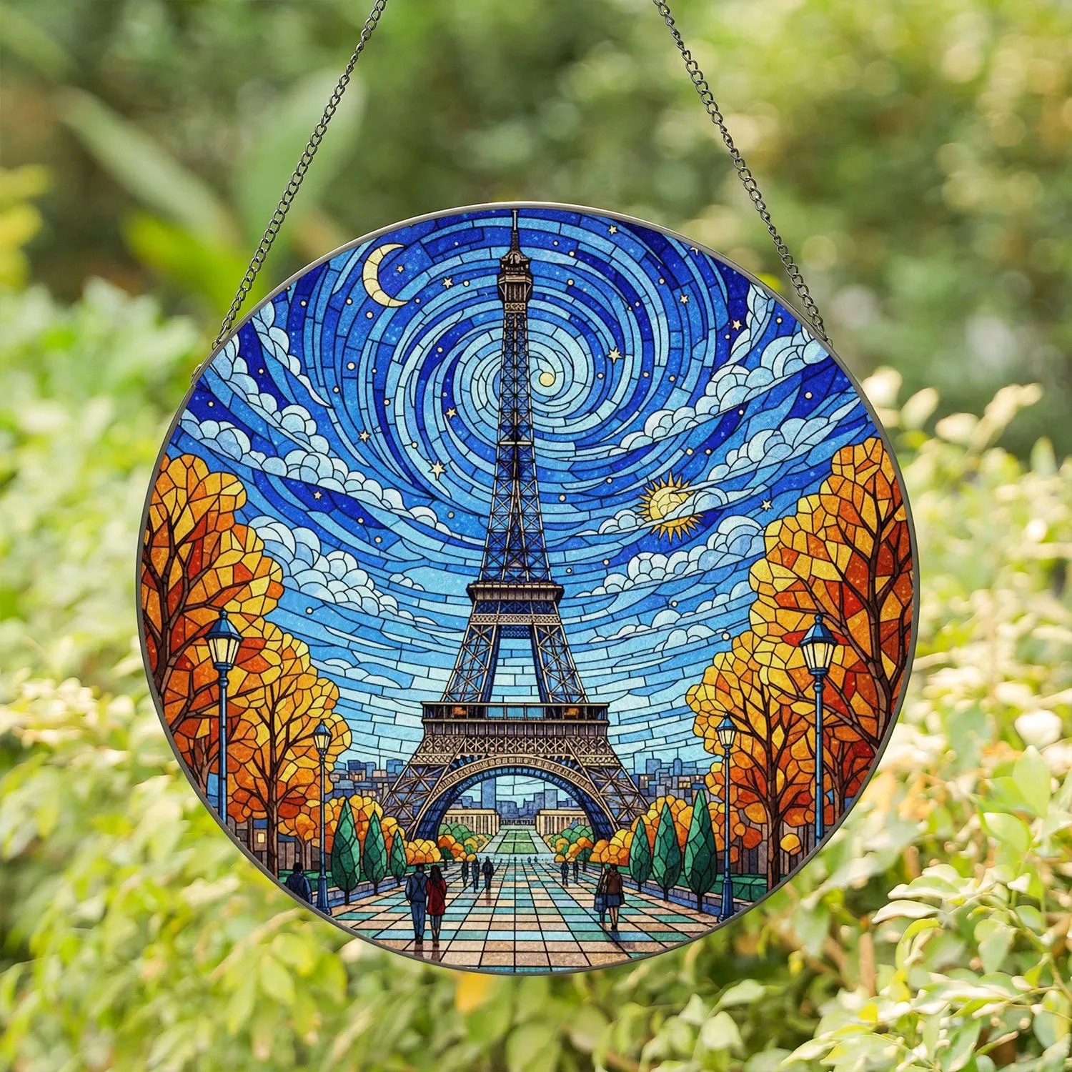 Eiffel Tower Stained Glass Art, Autumn Foliage, Starry Night Sky Mosaic, Cypress Trees Stained Glass Suncatcher - 1