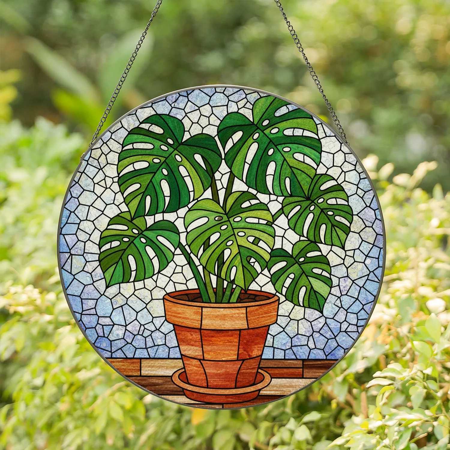 Lush Monstera Plant Stained Glass Window Decor - Terracotta Pot Mosaic Abstract Art Stained Glass Suncatcher - 1