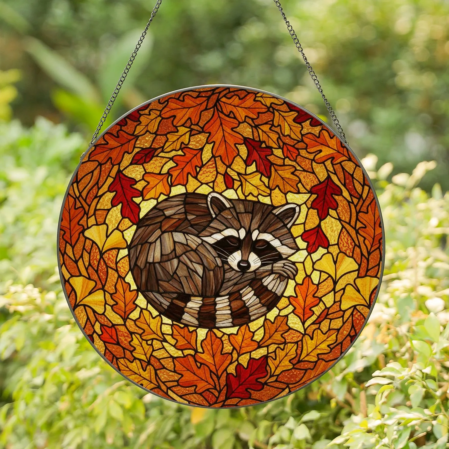 Stained Glass Raccoon Autumn Leaves Fall Foliage Tiffany Style Window Hanging Stained Glass Suncatcher - 1
