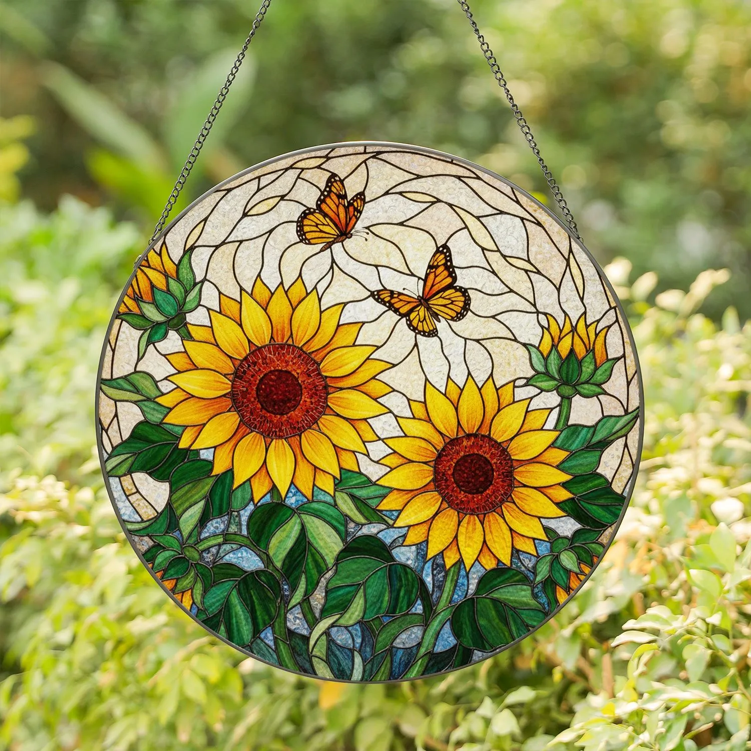 Golden Sunflower Monarch Butterfly Stained Glass Art Mosaic - Translucent Window Decor Gift Stained Glass Suncatcher - 1