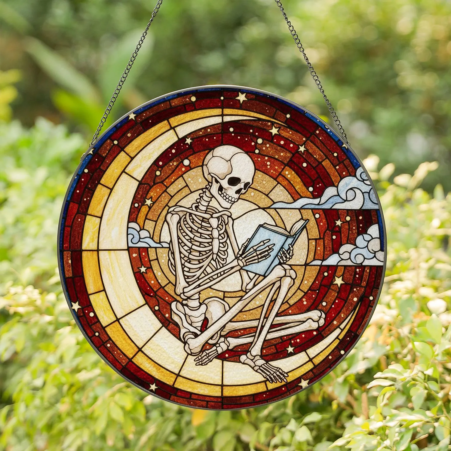 Skeleton Reading Book Crescent Moon Cosmic Stars Nebulae Clouds Tiffany Stained Glass Stained Glass Suncatcher - 1