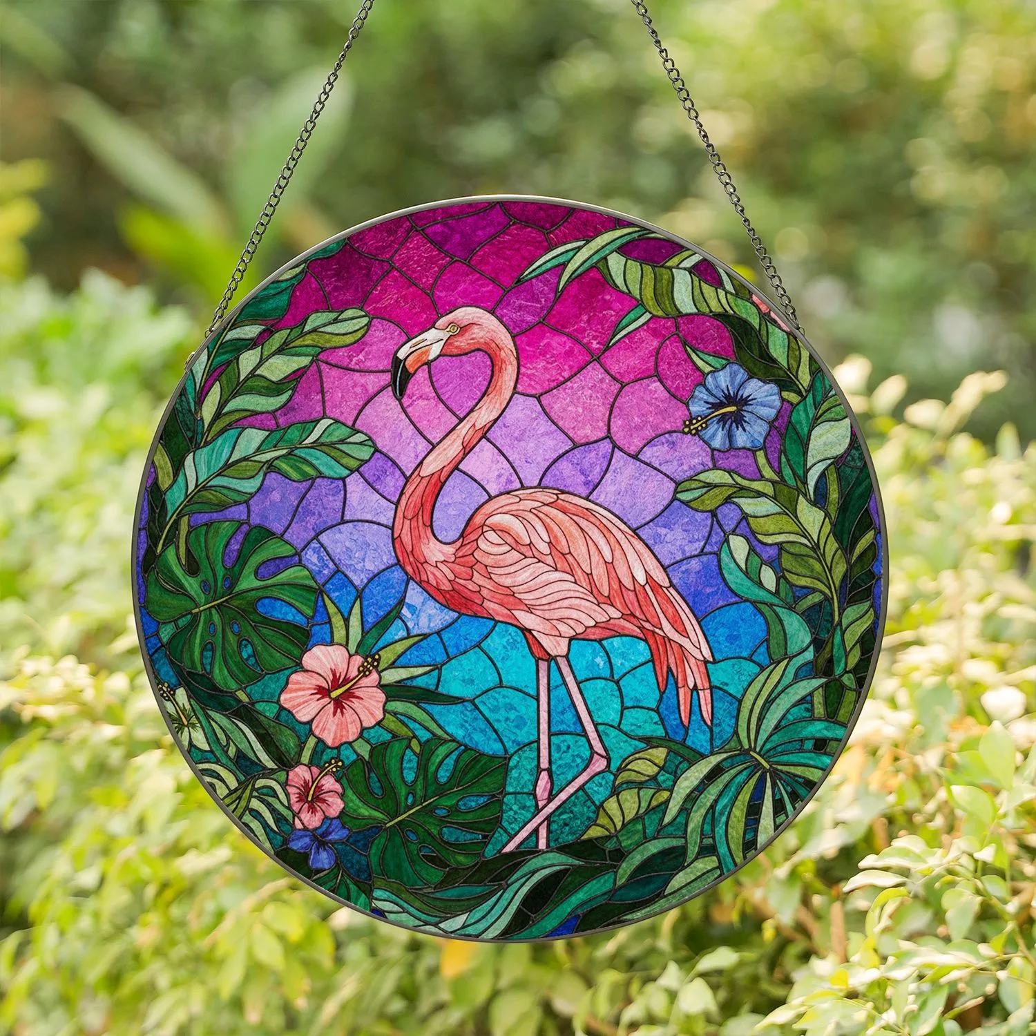 Flamingo Tropical Foliage Mosaic Sky Stained Glass Art - Jewel Tone Intricate Patterns Stained Glass Suncatcher - 1