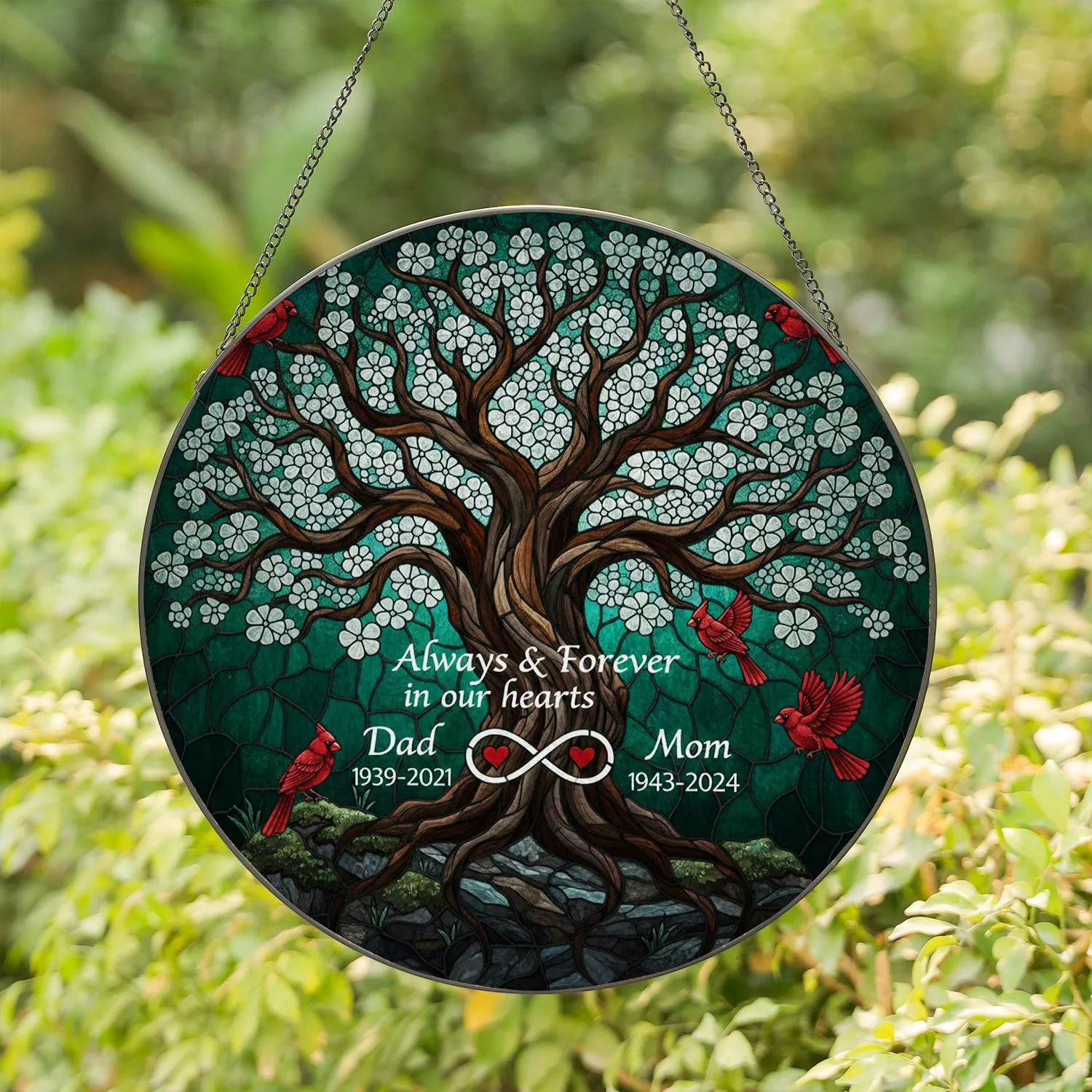 Majestic Tree Glowing Blossoms Cardinals Stained Glass Memorial - Dad Mom Sympathy Gift Stained Glass Suncatcher - 1