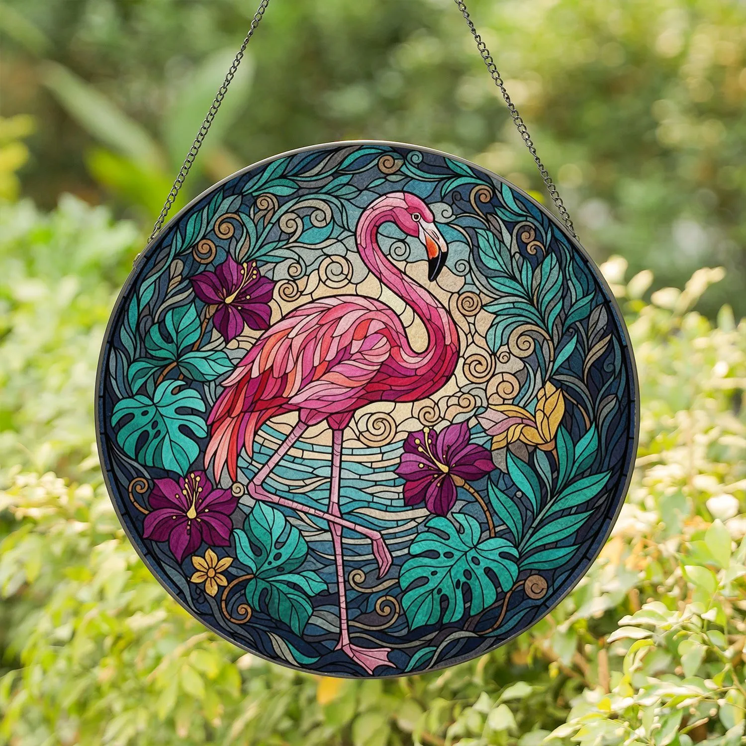Graceful Flamingo Tropical Leaves Exotic Flowers - Tiffany Stained Glass Mosaic Design Stained Glass Suncatcher - 1