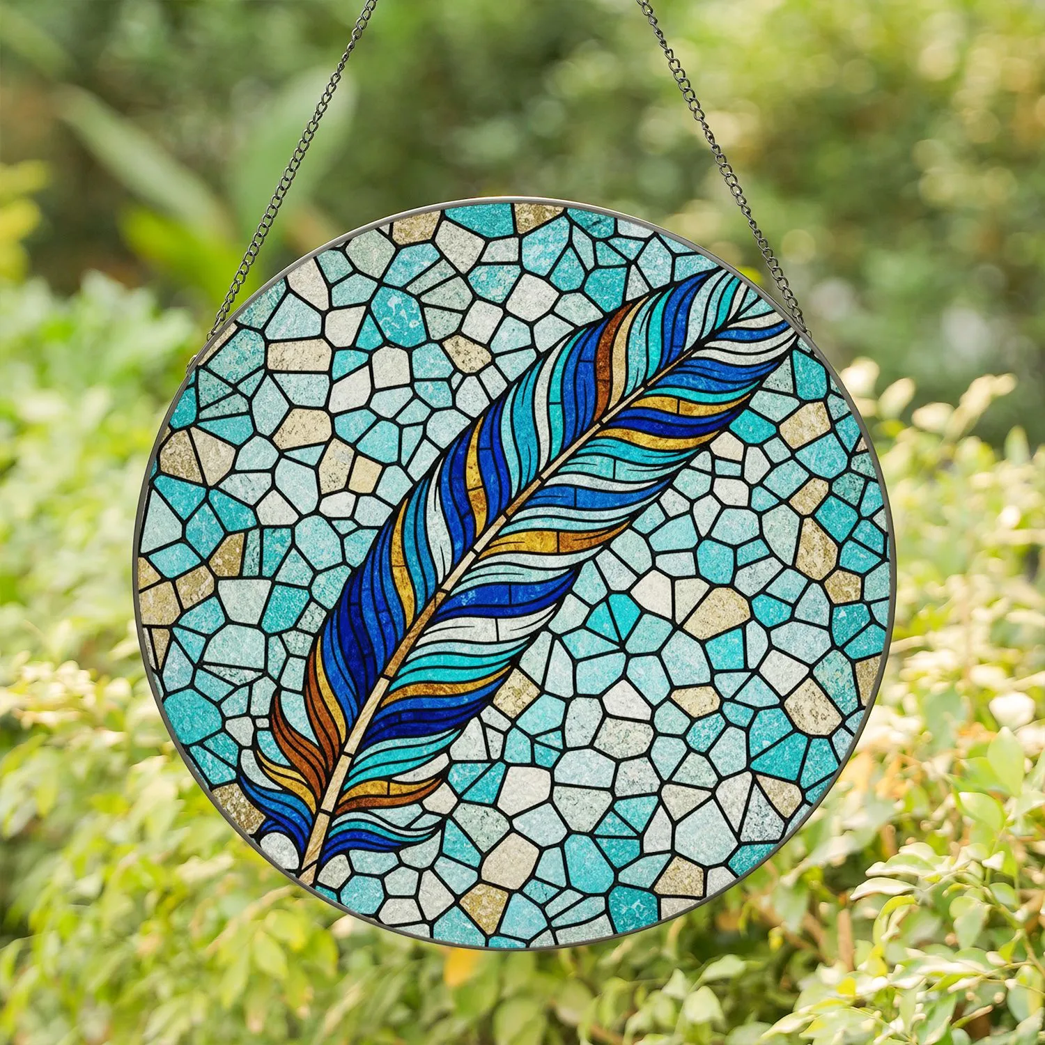 Glowing Jewel Tone Feather Tiffany Stained Glass Mosaic Art - Intricate Organic Pattern Stained Glass Suncatcher - 1