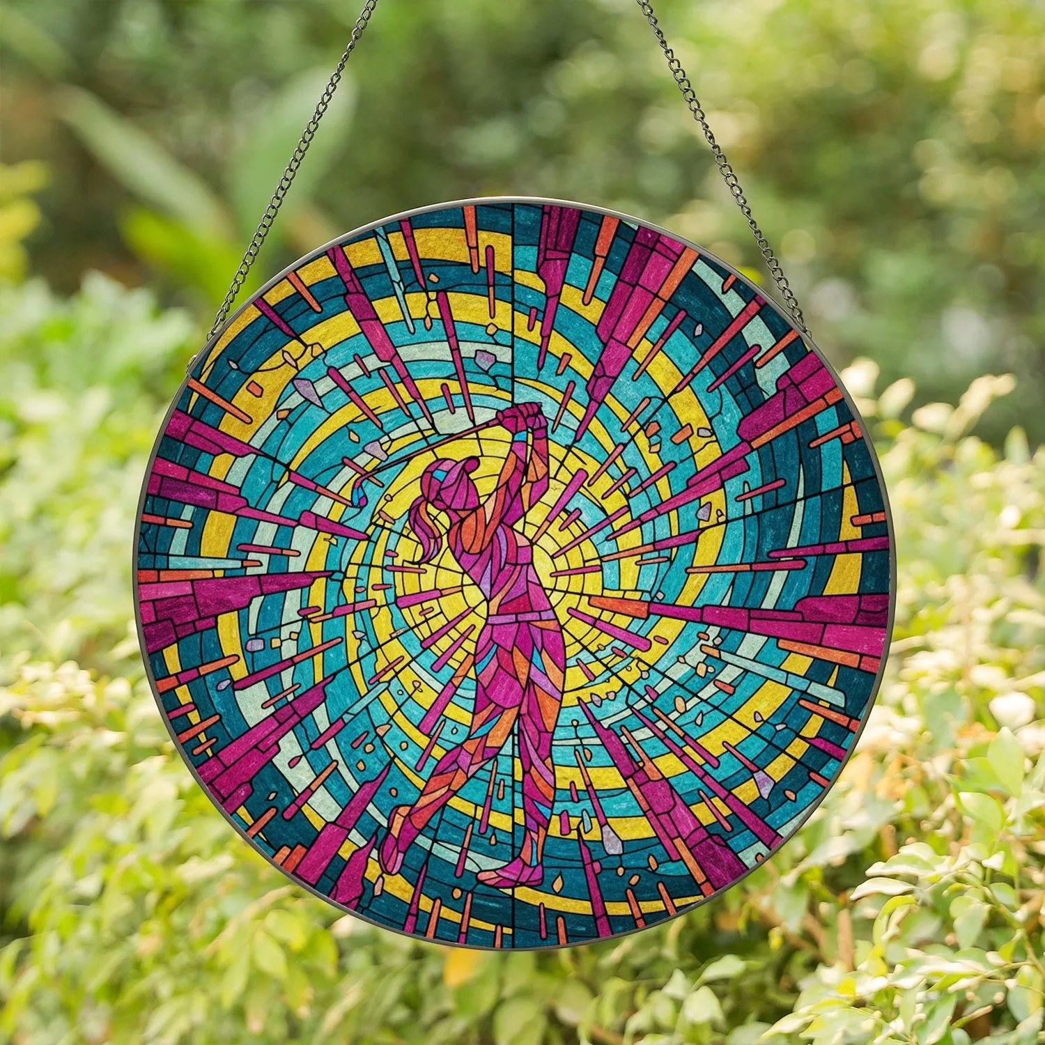 Female Golfer Silhouette Tiffany Stained Glass Mosaic Jewel Tones Golf Lover Gift Stained Glass Suncatcher - 1