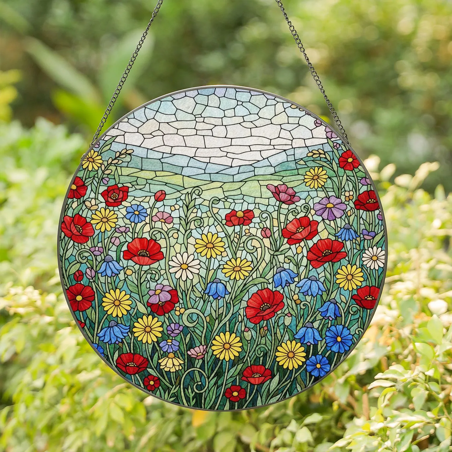 Tiffany Style Stained Glass Wildflower Meadow Poppies Daisies Bluebells Jewel Tones Stained Glass Suncatcher - 1