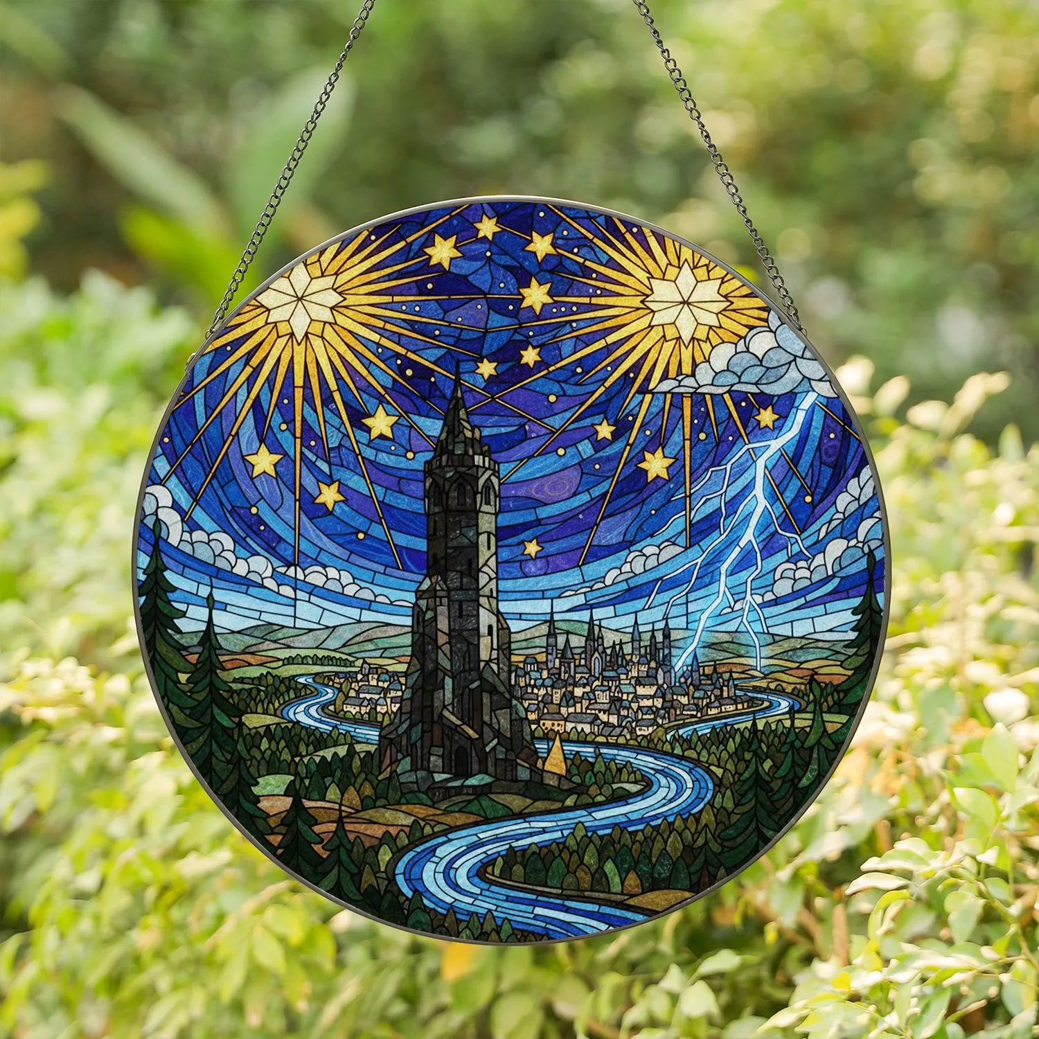 Majestic Stone Tower Fantastical Cityscape Night Lightning Bolt Tiffany Glass Style Stained Glass Suncatcher - 1