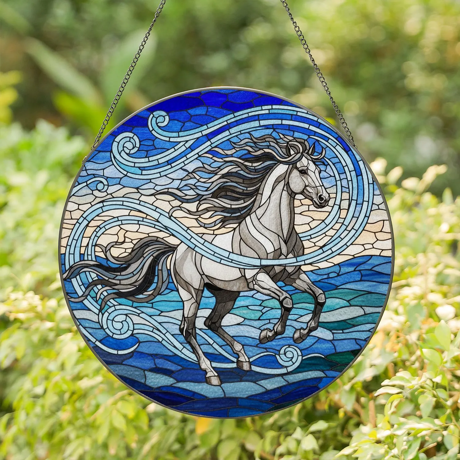 Stained Glass Galloping Horse Mosaic - Tiffany Style Equine Landscape Art Jewel Tones Stained Glass Suncatcher - 1