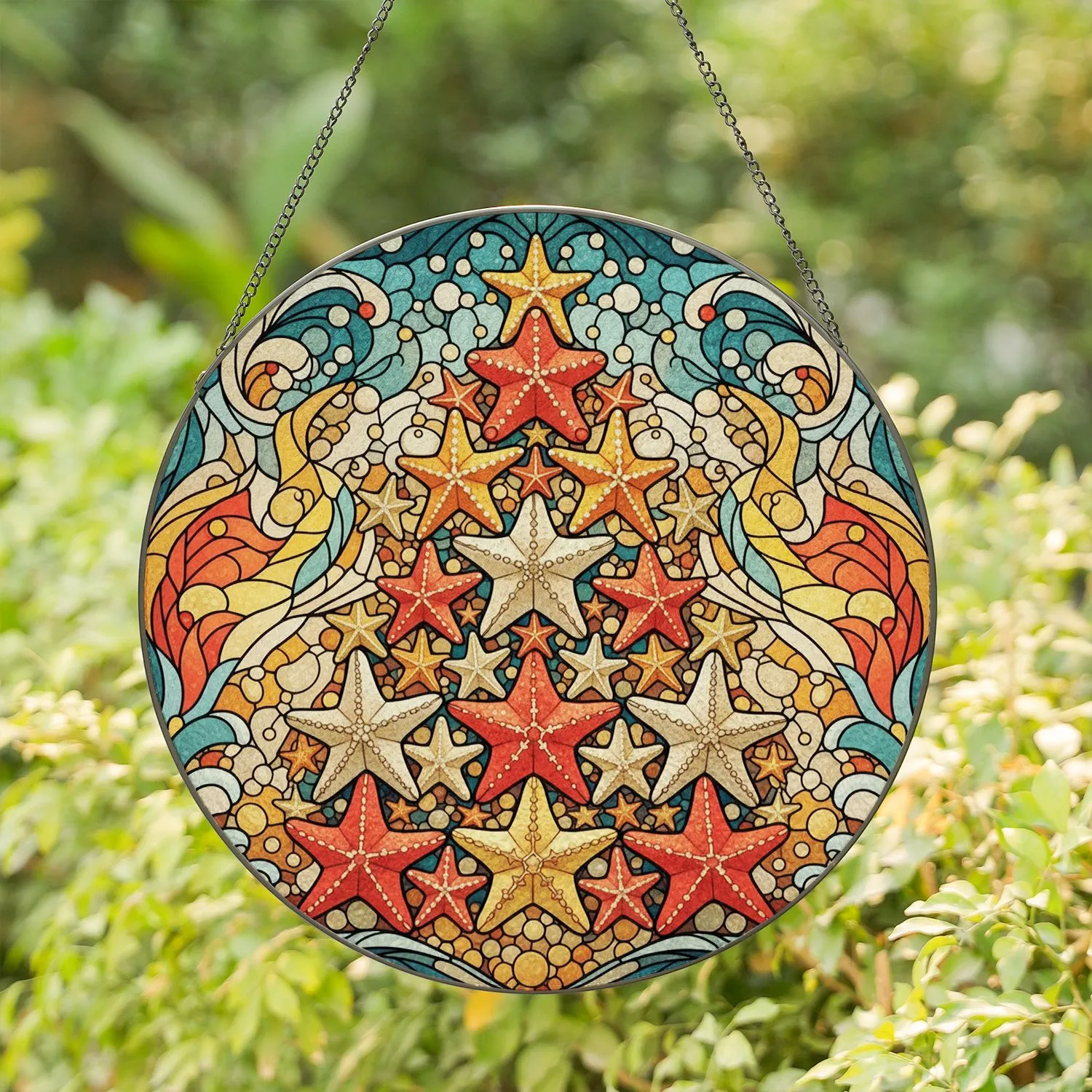 Tiffany Stained Glass Starfish Christmas Tree - Ocean Waves Mosaic Home Decor Art Stained Glass Suncatcher - 1