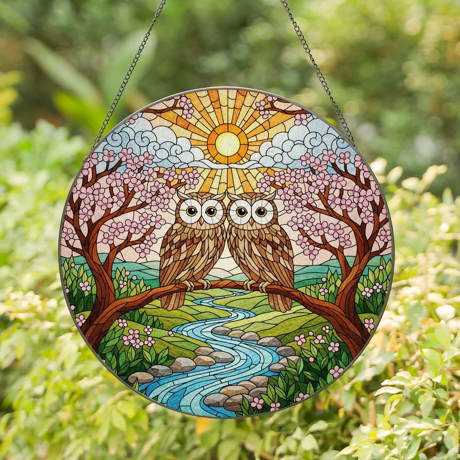 Two Owls Cherry Blossom River Stained Glass Style Sunlit Sky Jewel Tone Decor Stained Glass Suncatcher - 1