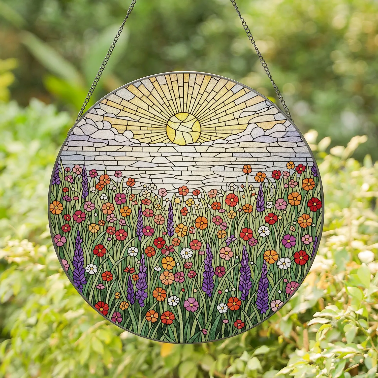Tiffany Stained Glass Meadow Wildflowers Radiant Sun - Jewel Tone Home Decor Gift Stained Glass Suncatcher - 1