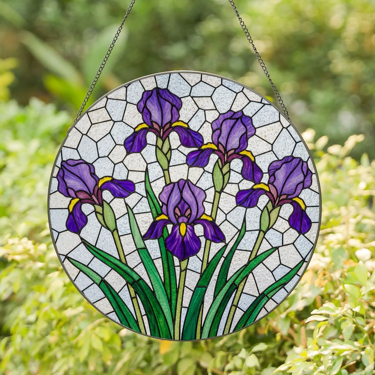 Purple Iris Flowers Stained Glass Mosaic - Tiffany Style Jewel Tone Floral Home Decor Stained Glass Suncatcher - 1