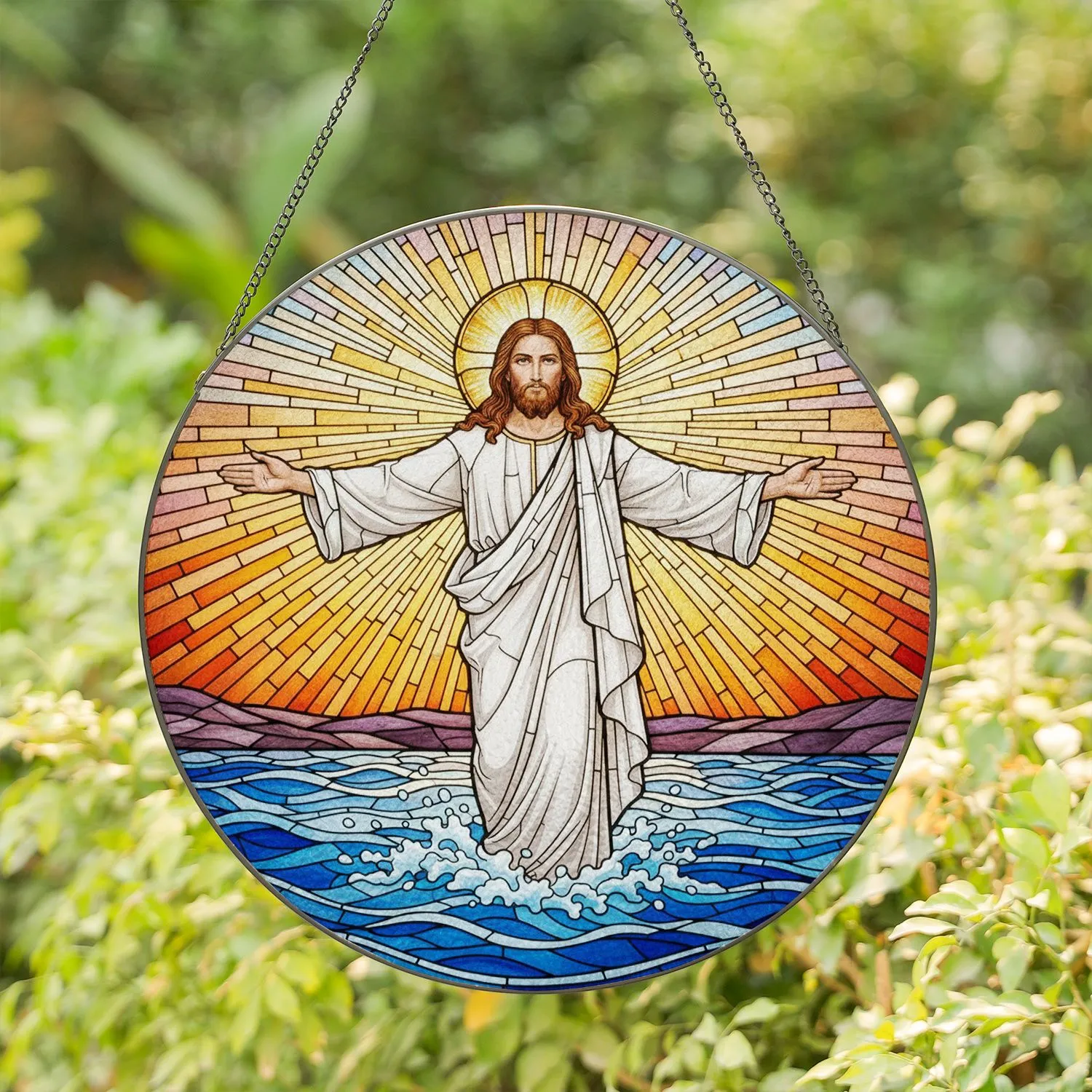 Jesus Christ Stained Glass Art Golden Halo Sunset Sky Radiating Sunburst Tiffany Style Stained Glass Suncatcher - 1
