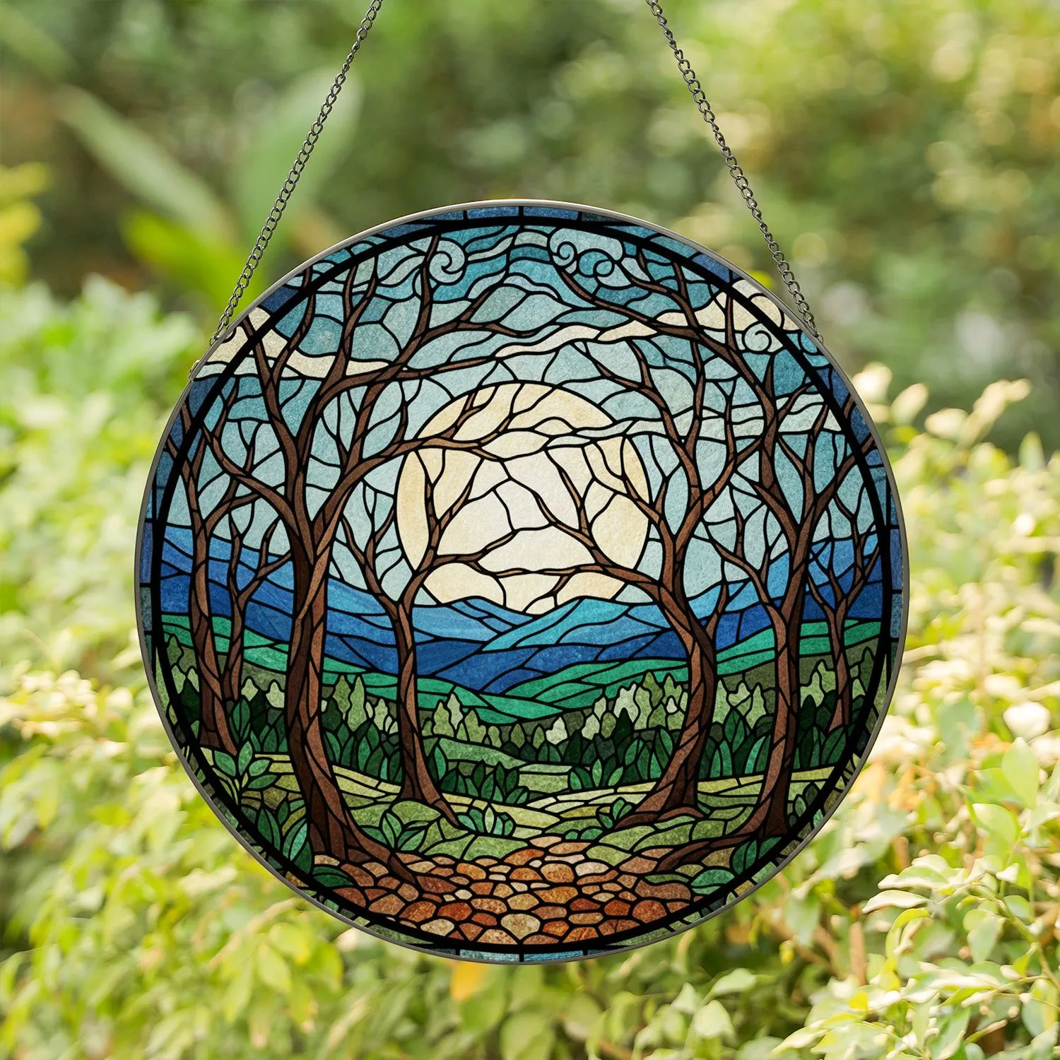 Stained Glass Forest Moon Art - Mosaic Nocturnal Landscape with Towering Trees & Hills Stained Glass Suncatcher - 1