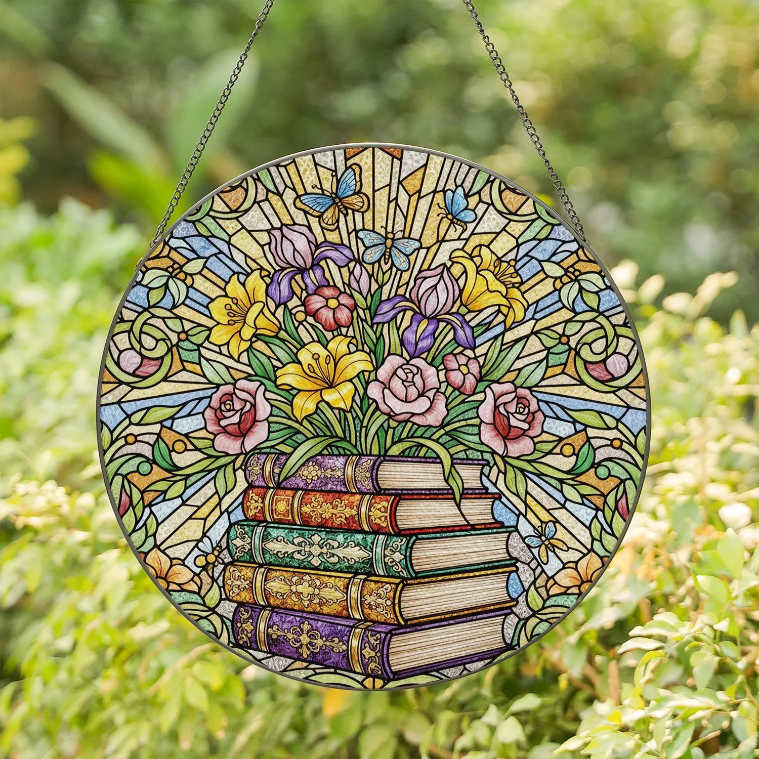 Tiffany Stained Glass Books with Blossoming Flowers Butterflies & Intricate Floral Mosaic Stained Glass Suncatcher - 1
