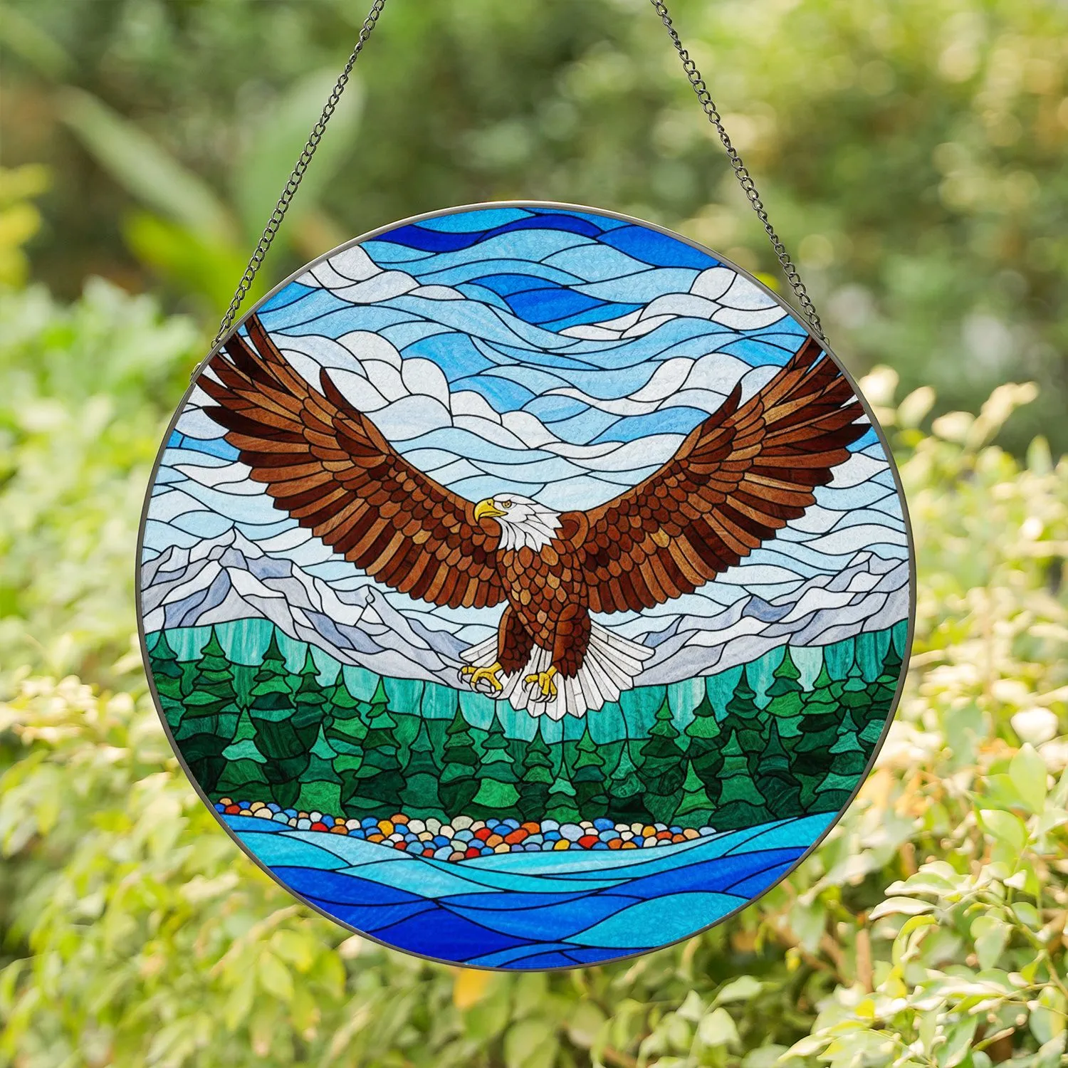 Bald Eagle Tiffany Stained Glass Snow-Capped Mountains Pine Trees Jewel Tones Stained Glass Suncatcher - 1
