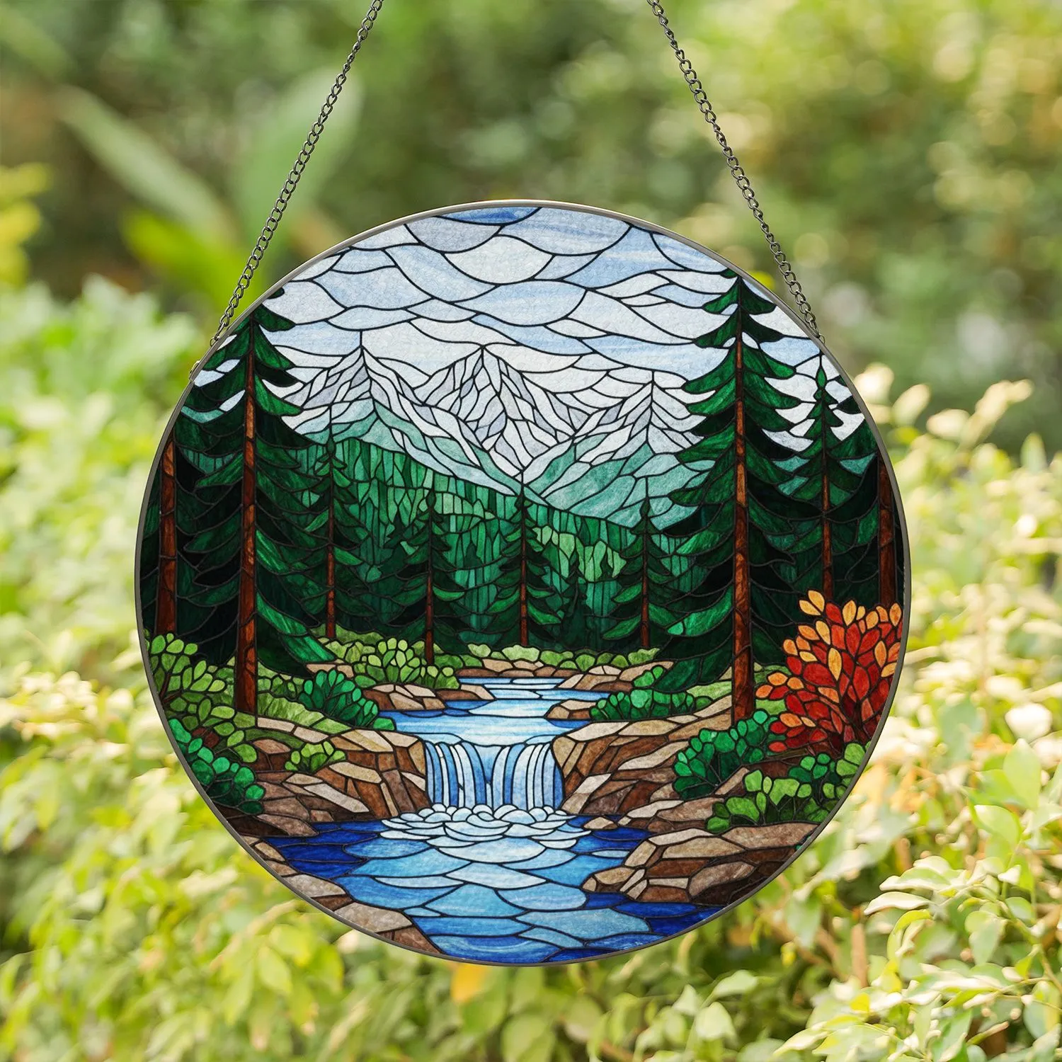 Intricate Tiffany Stained Glass River Waterfall Snow Mountain Pine Forest Art Stained Glass Suncatcher - 1