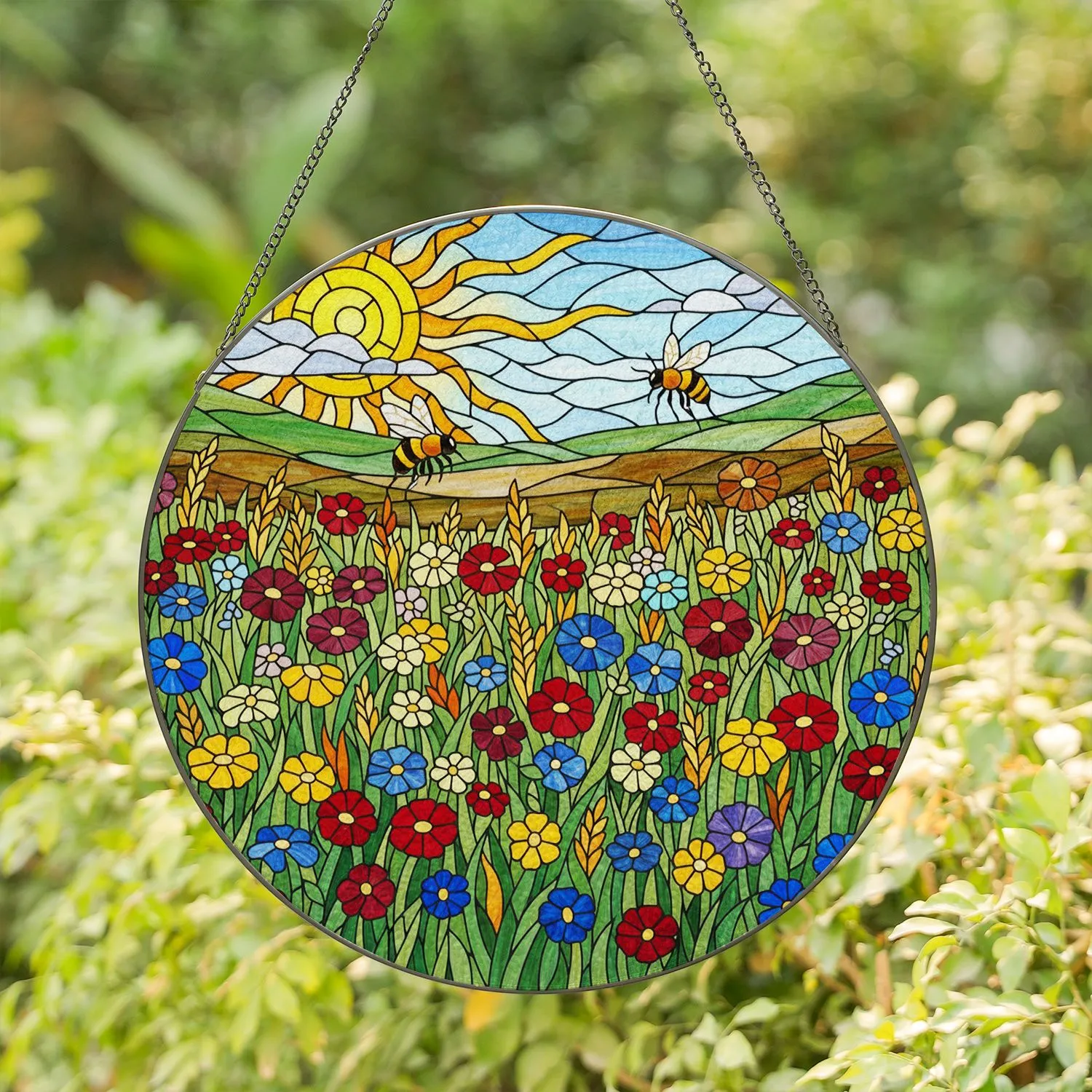 Tiffany Stained Glass Wildflower Meadow Honeybee Sun Jewel Tone Rural Landscape Decor Stained Glass Suncatcher - 1