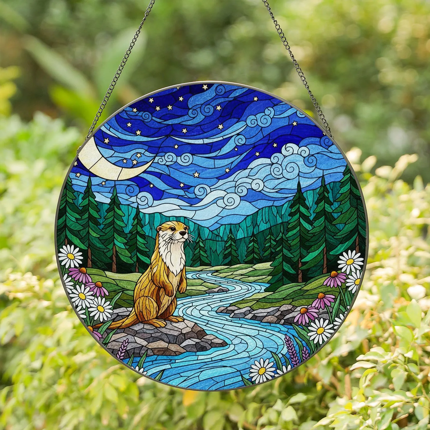 Otter Crescent Moon Stars River Wildflowers Forest Night Landscape Mosaic Stained Glass Stained Glass Suncatcher - 1