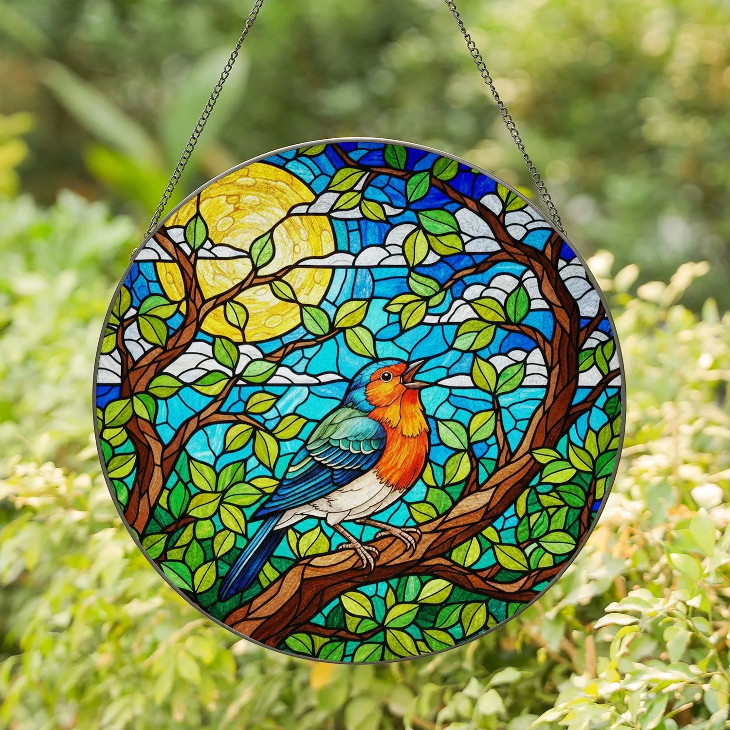 Stained Glass Singing Bird & Moon Mosaic - Intricate Tiffany Style Nature Home Decor Stained Glass Suncatcher - 1