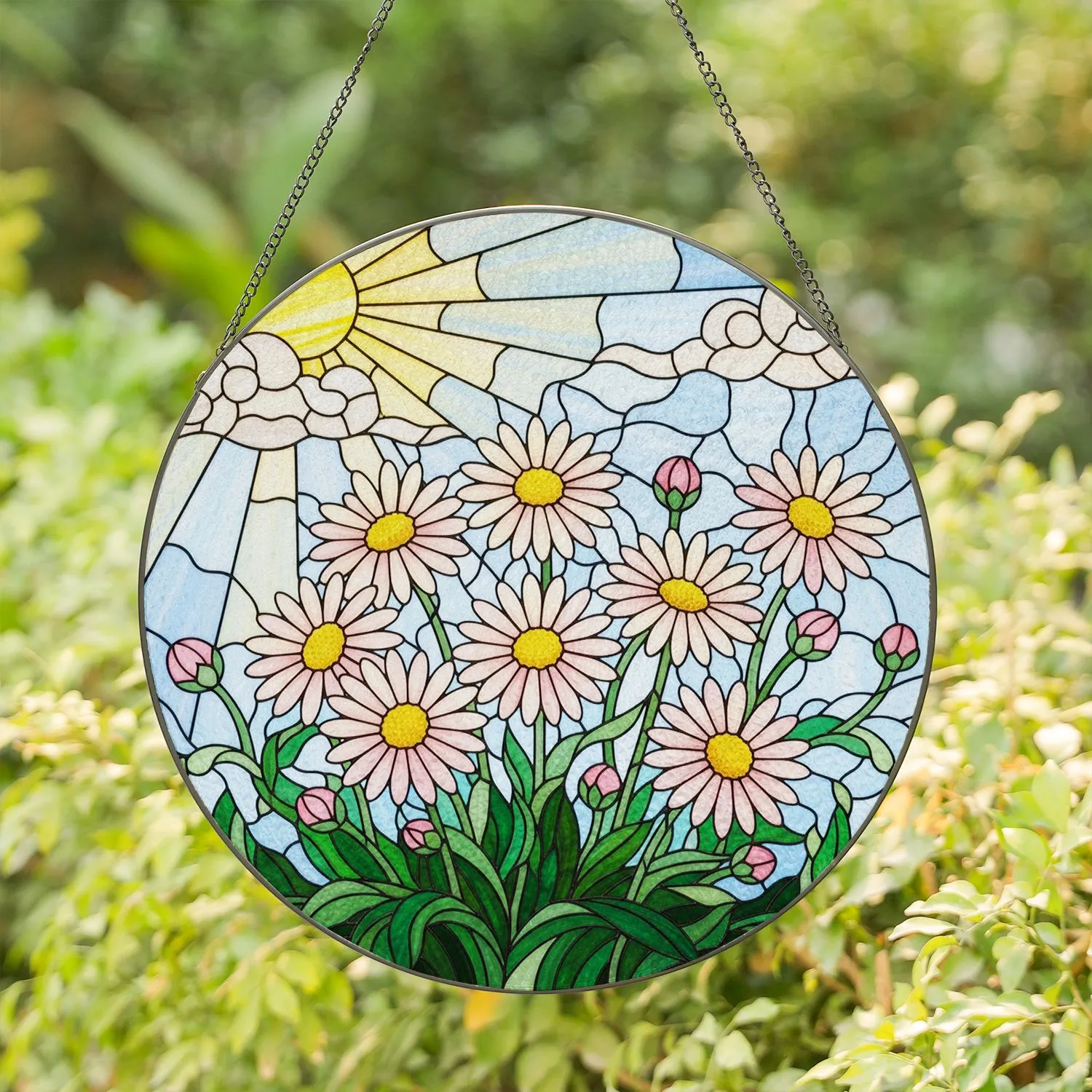 Blooming Daisy Flowers & Pink Buds Stained Glass Mosaic Sun Clouds Tiffany Style Jewel Tones Stained Glass Suncatcher - 1