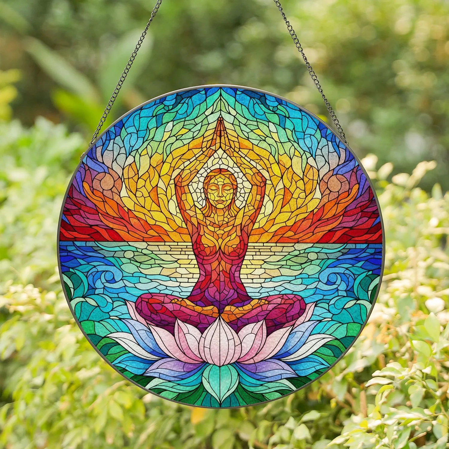 Meditative Lotus Woman Tiffany Stained Glass Mosaic - Sunset Water Sky Zen Yoga Art Stained Glass Suncatcher - 1