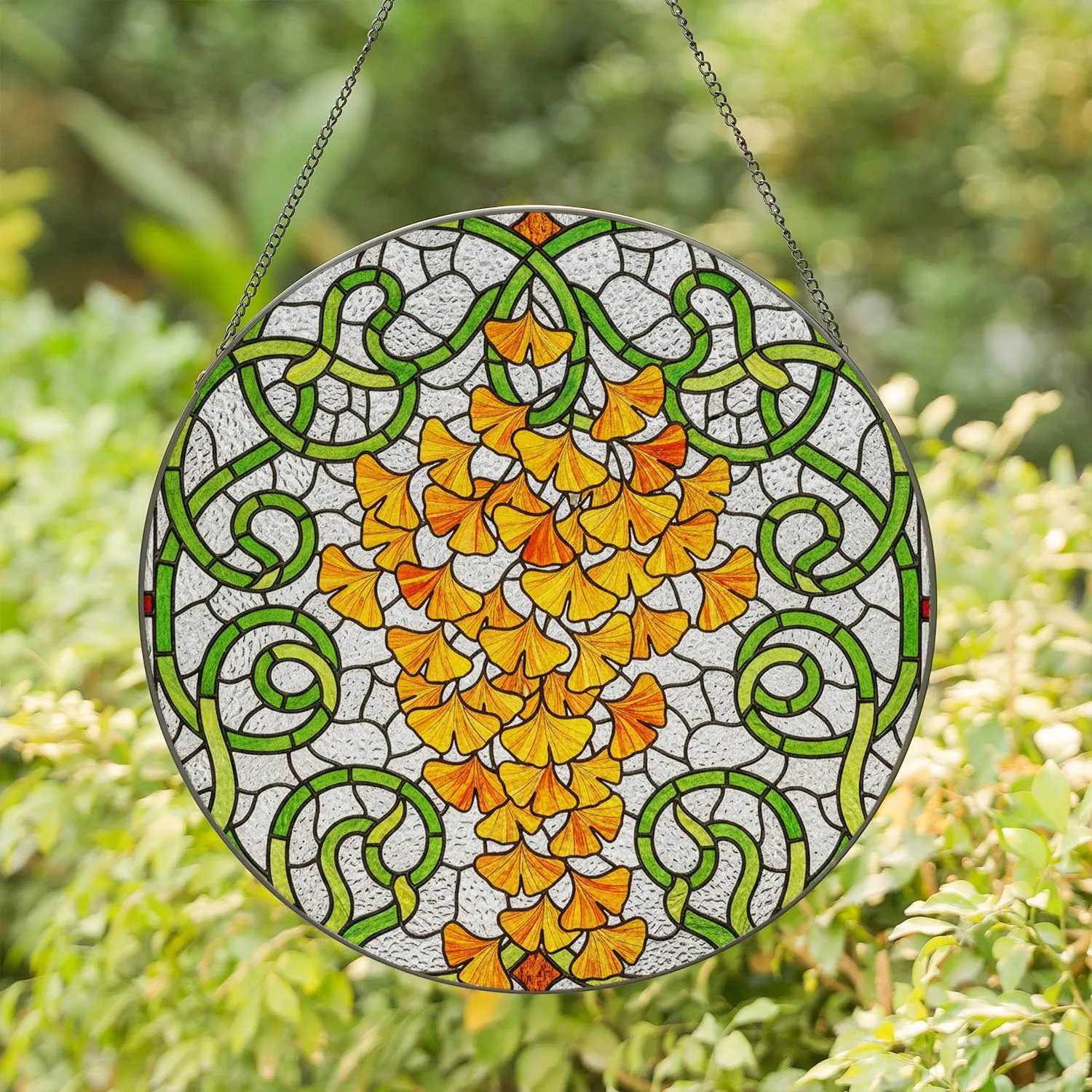 Vibrant Cascading Ginkgo Leaves Tiffany Stained Glass Art - Autumn Colors Mosaic Panel Stained Glass Suncatcher - 1