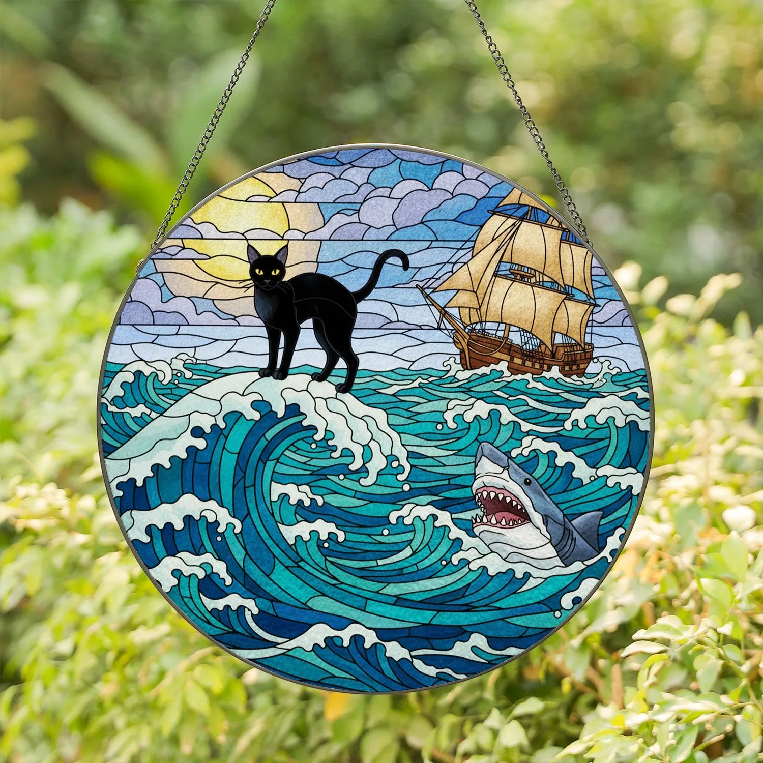 Black Cat Great White Shark Tall Ship - Stormy Seascape Full Moon Marine Adventure Stained Glass Suncatcher - 1