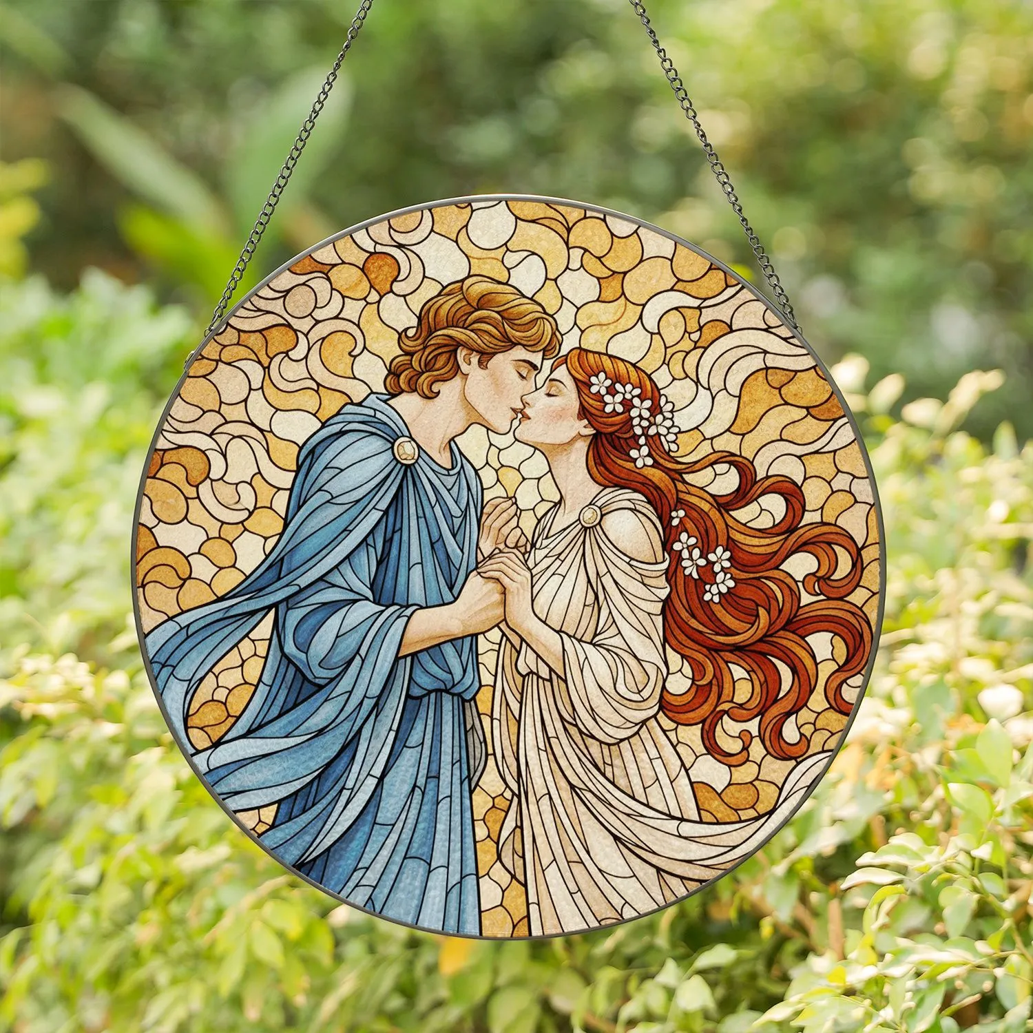 Man Woman Kiss Embrace Stained Glass Art - Tiffany Style Golden Aura Love Anniversary Gift Stained Glass Suncatcher - 1