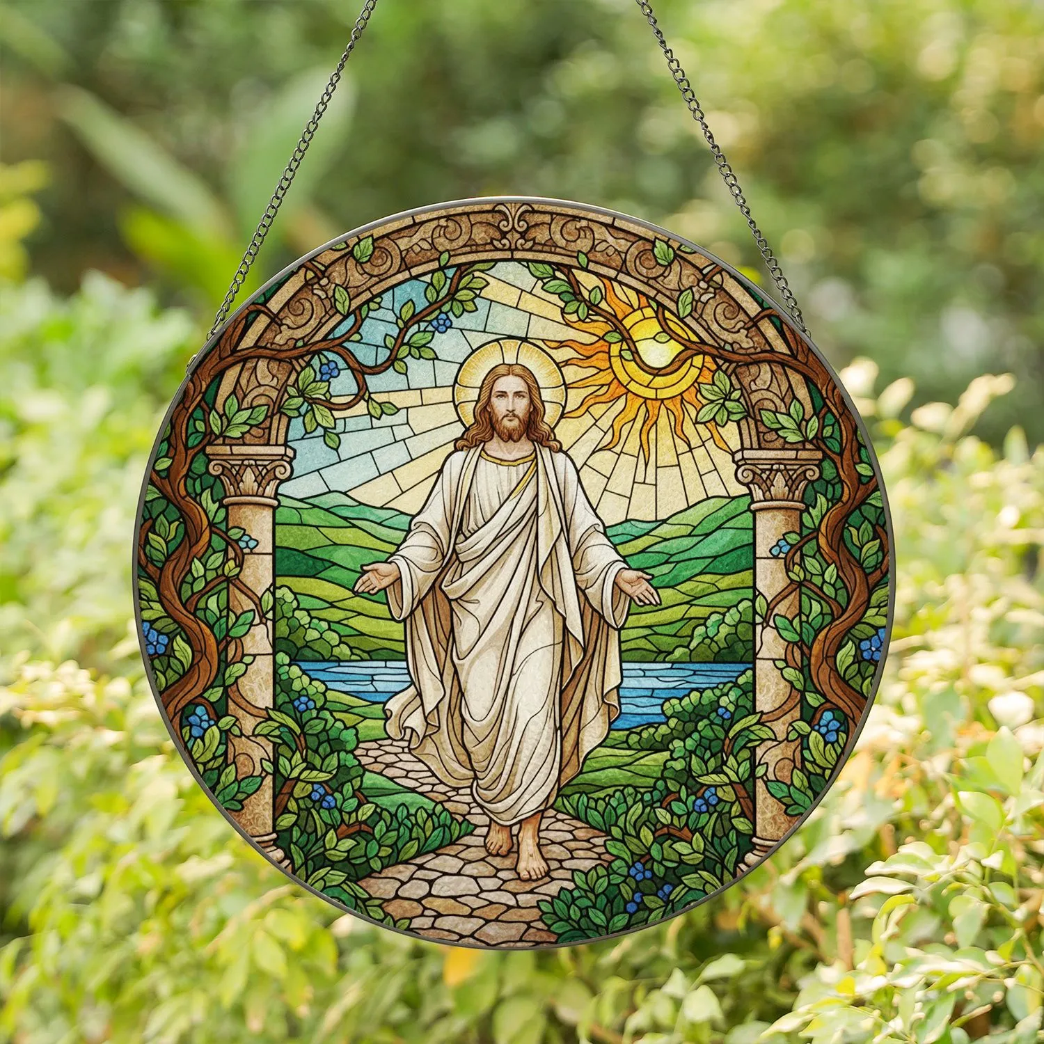 Jesus Christ Walking Stone Path Stained Glass Tiffany Art - Religious Spiritual Decor Stained Glass Suncatcher - 1
