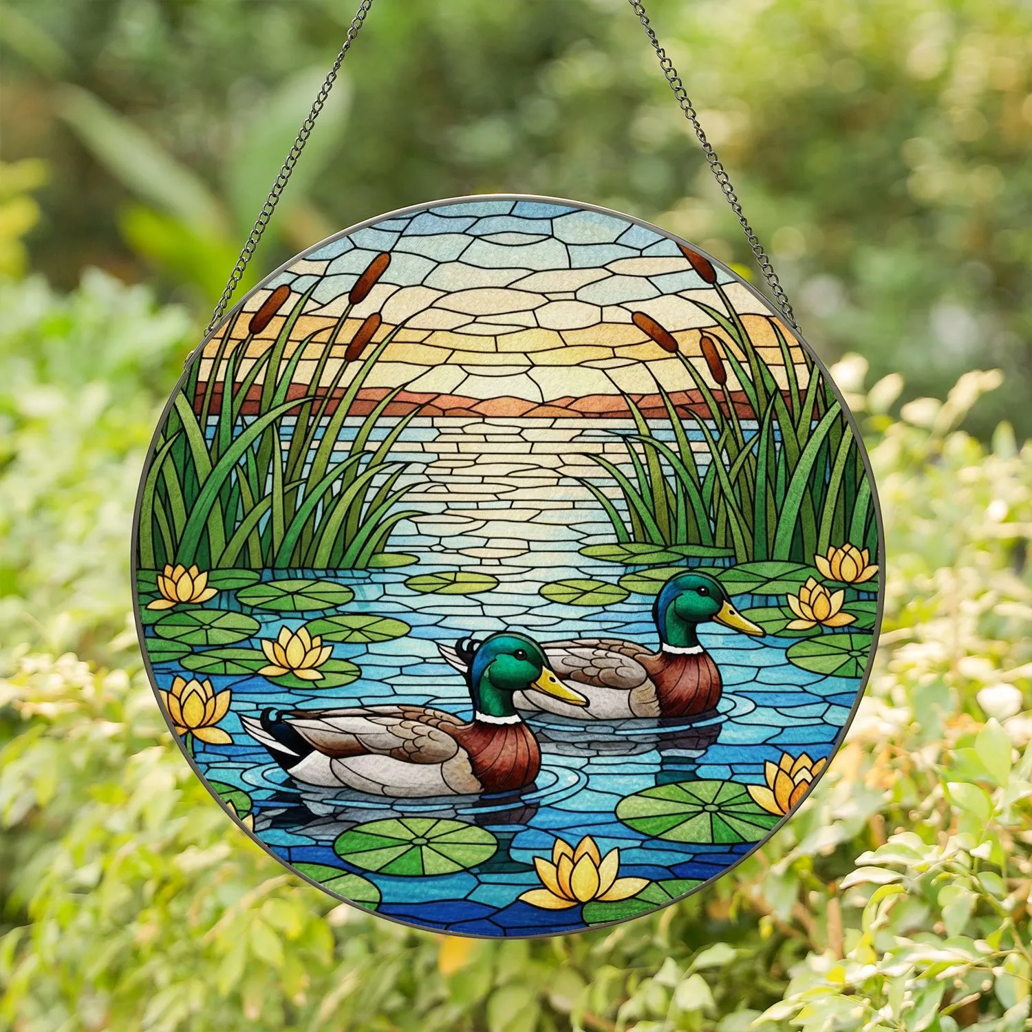 Two Mallard Ducks Pond Lily Pads Reeds - Tiffany Style Stained Glass Home Decor Stained Glass Suncatcher - 1