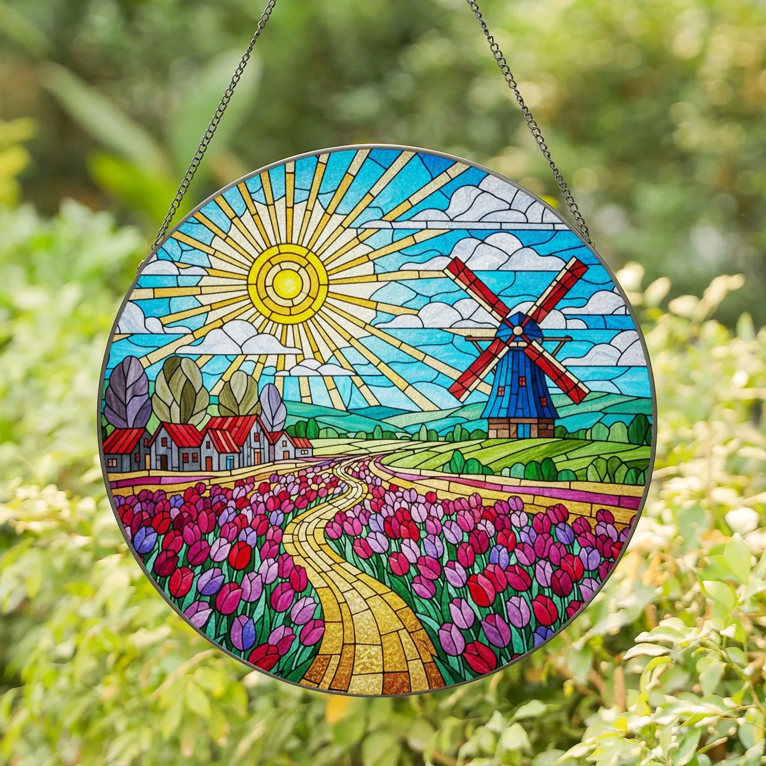 Tiffany Style Dutch Windmill Tulip Fields Village Pathway Stained Glass Translucent Art Stained Glass Suncatcher - 1