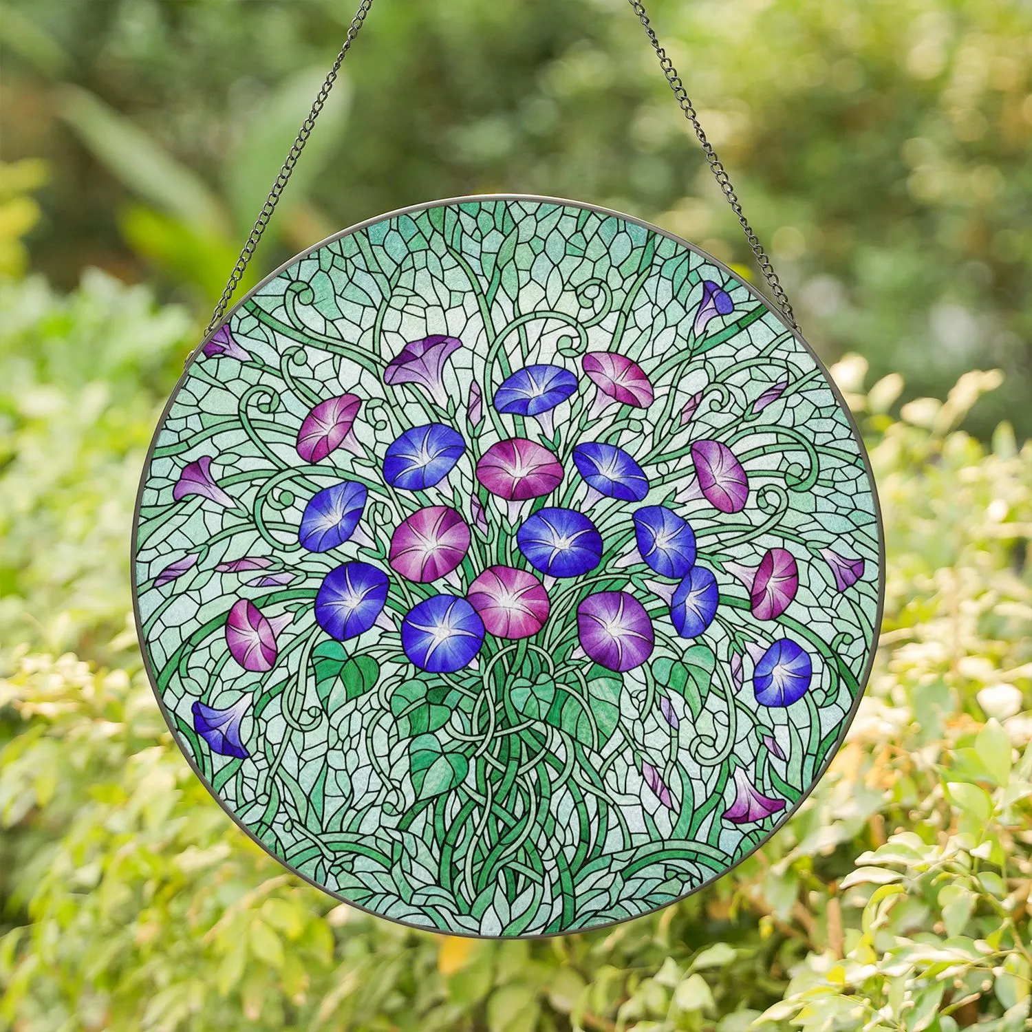 Morning Glory Tiffany Glass Floral - Intricate Blossom Mosaic Edge-to-Edge Stained Glass Art Stained Glass Suncatcher - 1